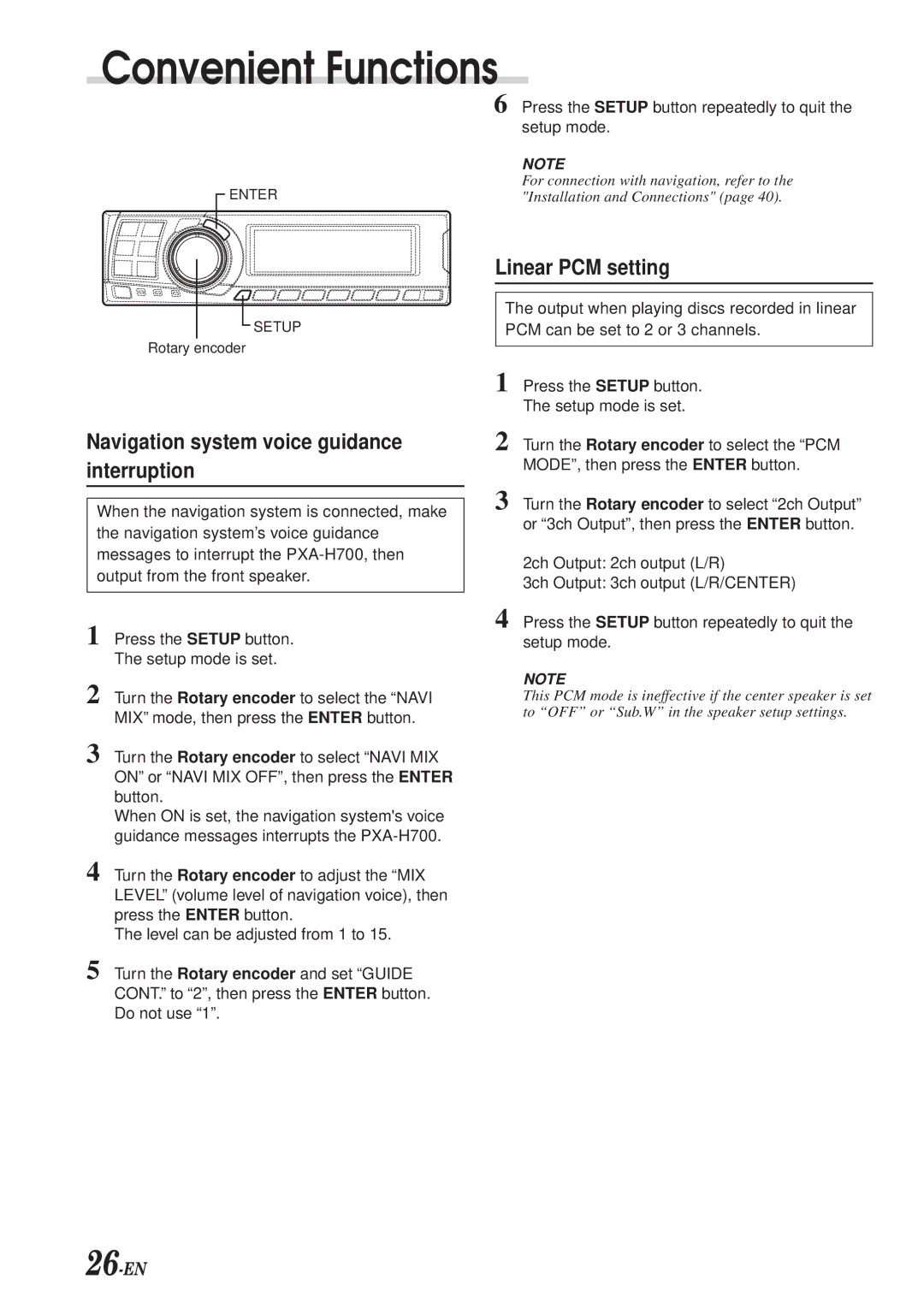 Alpine PXA-H700 owner manual Convenient Functions, Navigation system voice guidance interruption, Linear PCM setting 