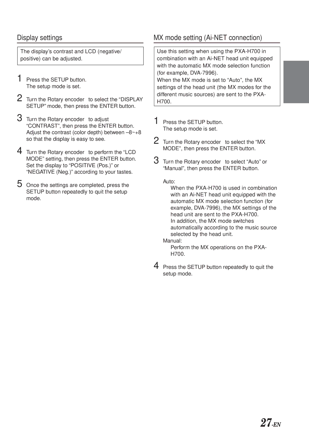 Alpine PXA-H700 owner manual Display settings, MX mode setting Ai-NET connection 