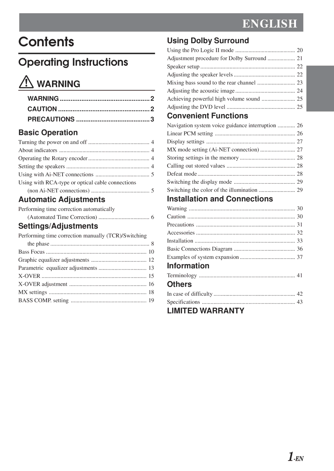 Alpine PXA-H700 owner manual Contents 