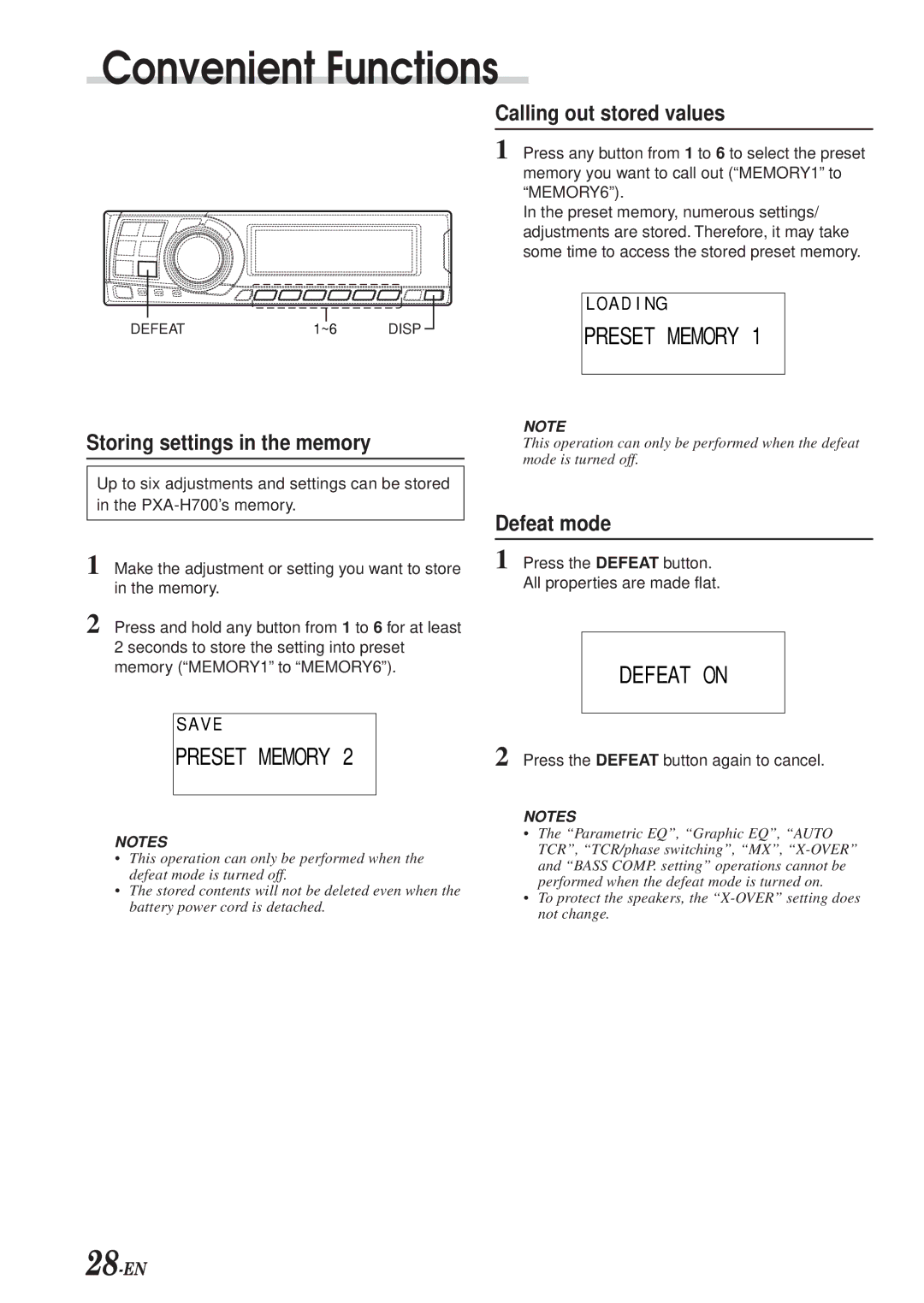 Alpine PXA-H700 owner manual Calling out stored values, Storing settings in the memory, Defeat mode 