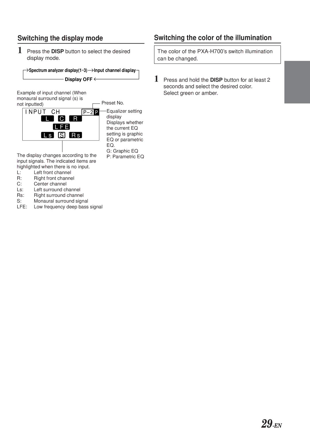 Alpine PXA-H700 owner manual Switching the display mode, Switching the color of the illumination 