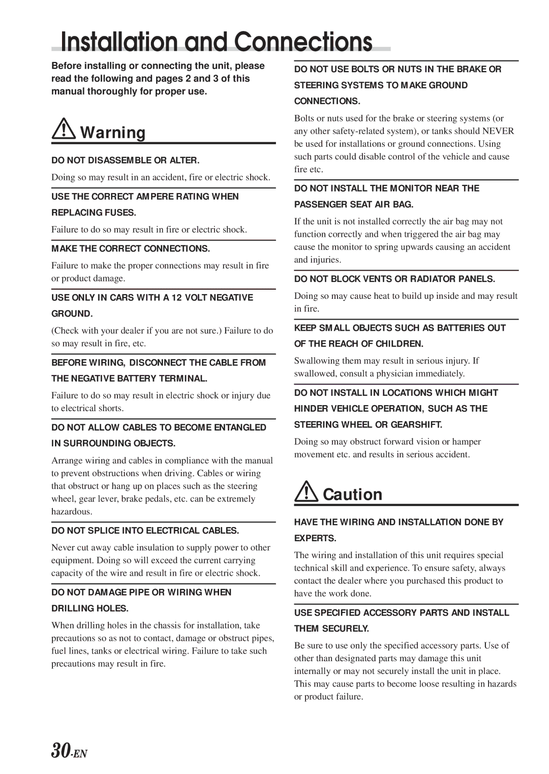 Alpine PXA-H700 owner manual Installation and Connections, Do not Splice Into Electrical Cables 