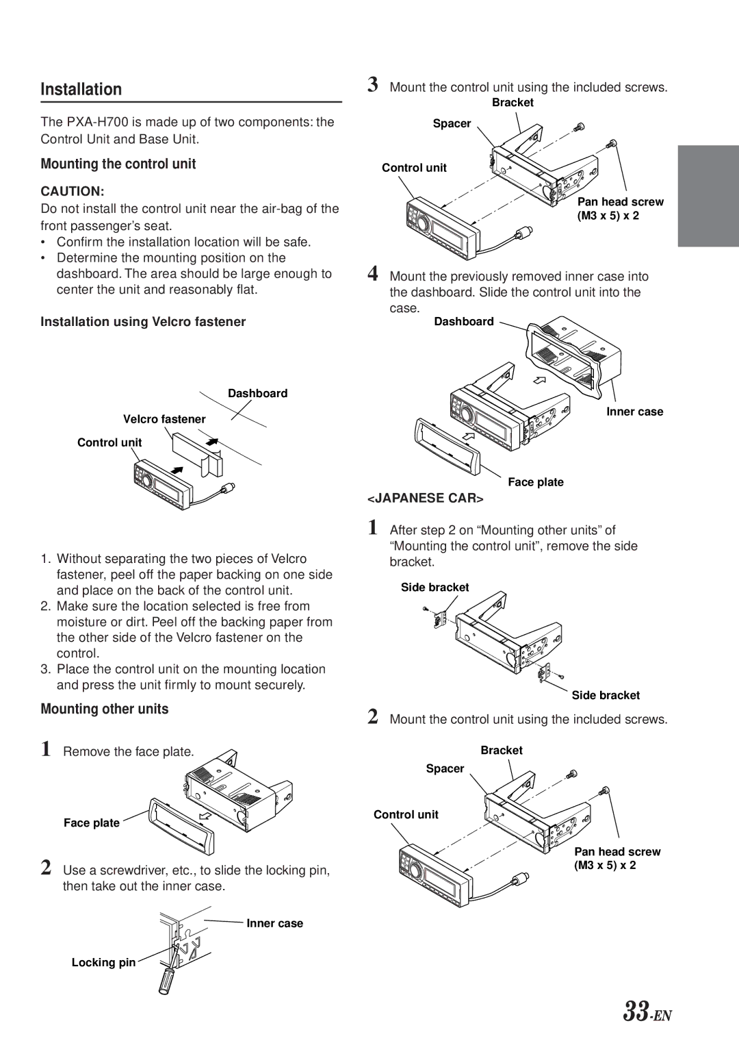 Alpine PXA-H700 owner manual Mounting the control unit, Mounting other units, Installation using Velcro fastener 