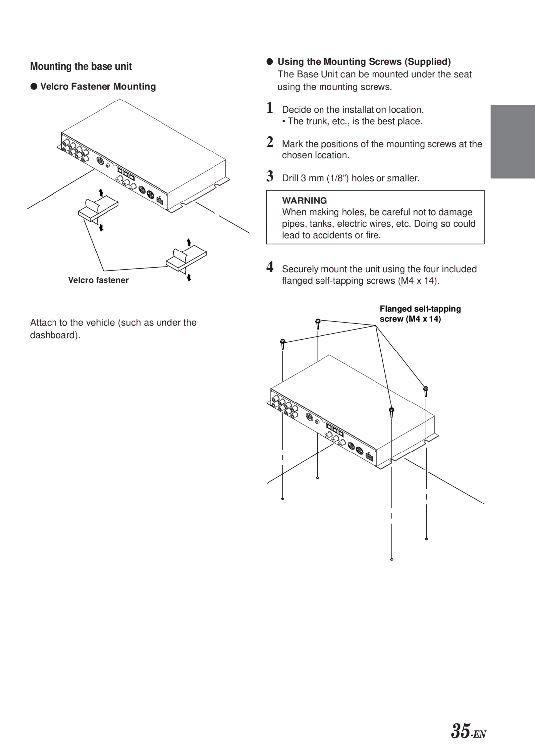 Alpine PXA-H700 owner manual Mounting the base unit, Velcro Fastener Mounting, Using the Mounting Screws Supplied 