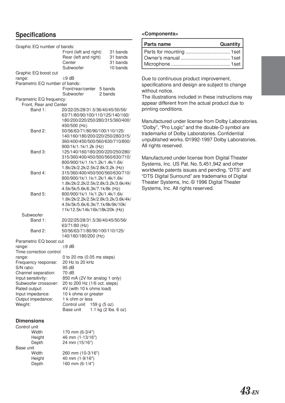 Alpine PXA-H700 owner manual Specifications, Dimensions, Components Parts name Quantity 