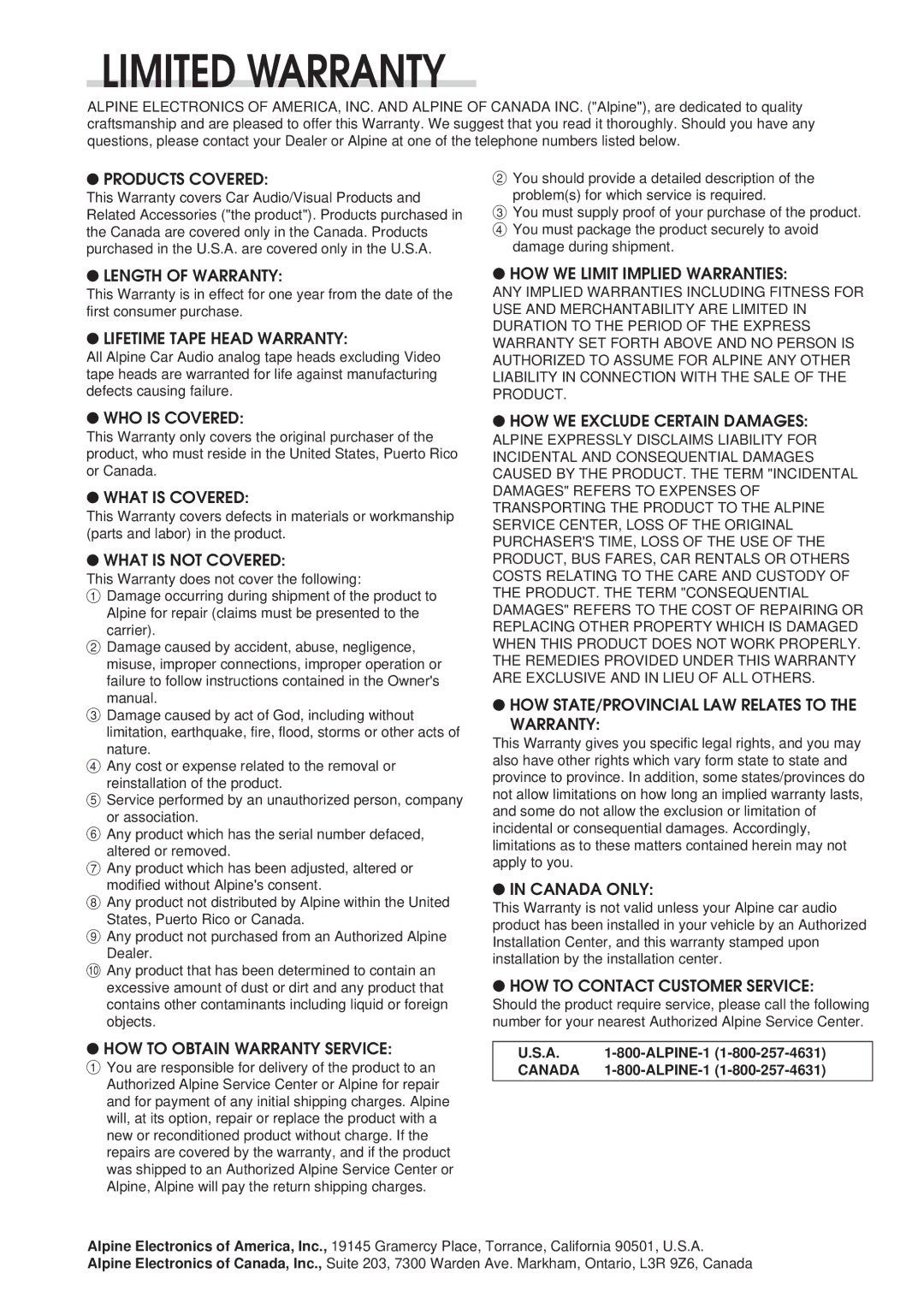 Alpine PXA-H700 owner manual Limited Warranty 