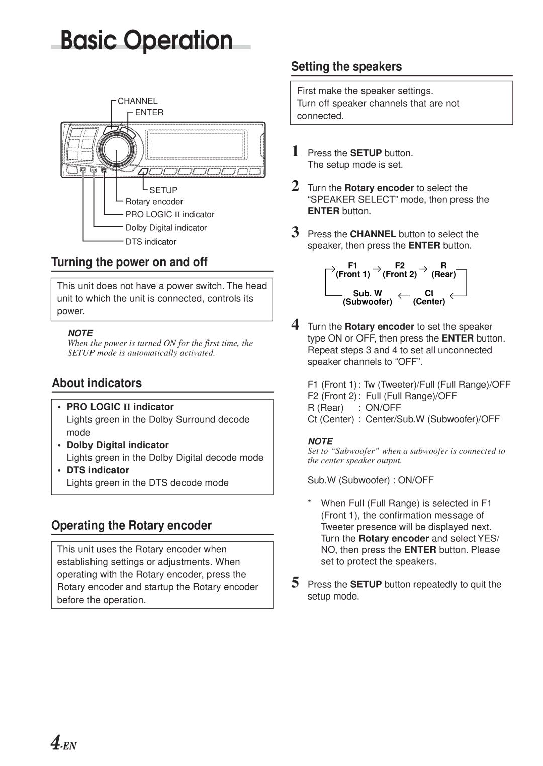 Alpine PXA-H700 owner manual Basic Operation, Turning the power on and off, About indicators, Operating the Rotary encoder 