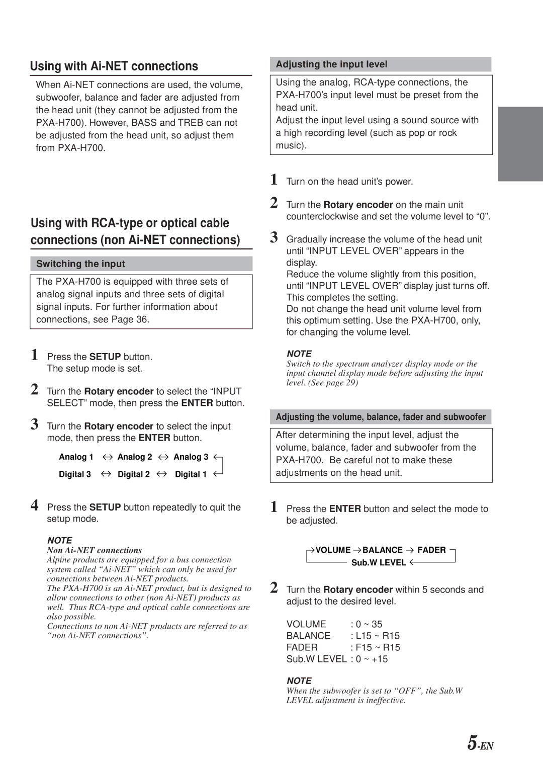 Alpine PXA-H700 owner manual Using with Ai-NET connections, Switching the input, Adjusting the input level 