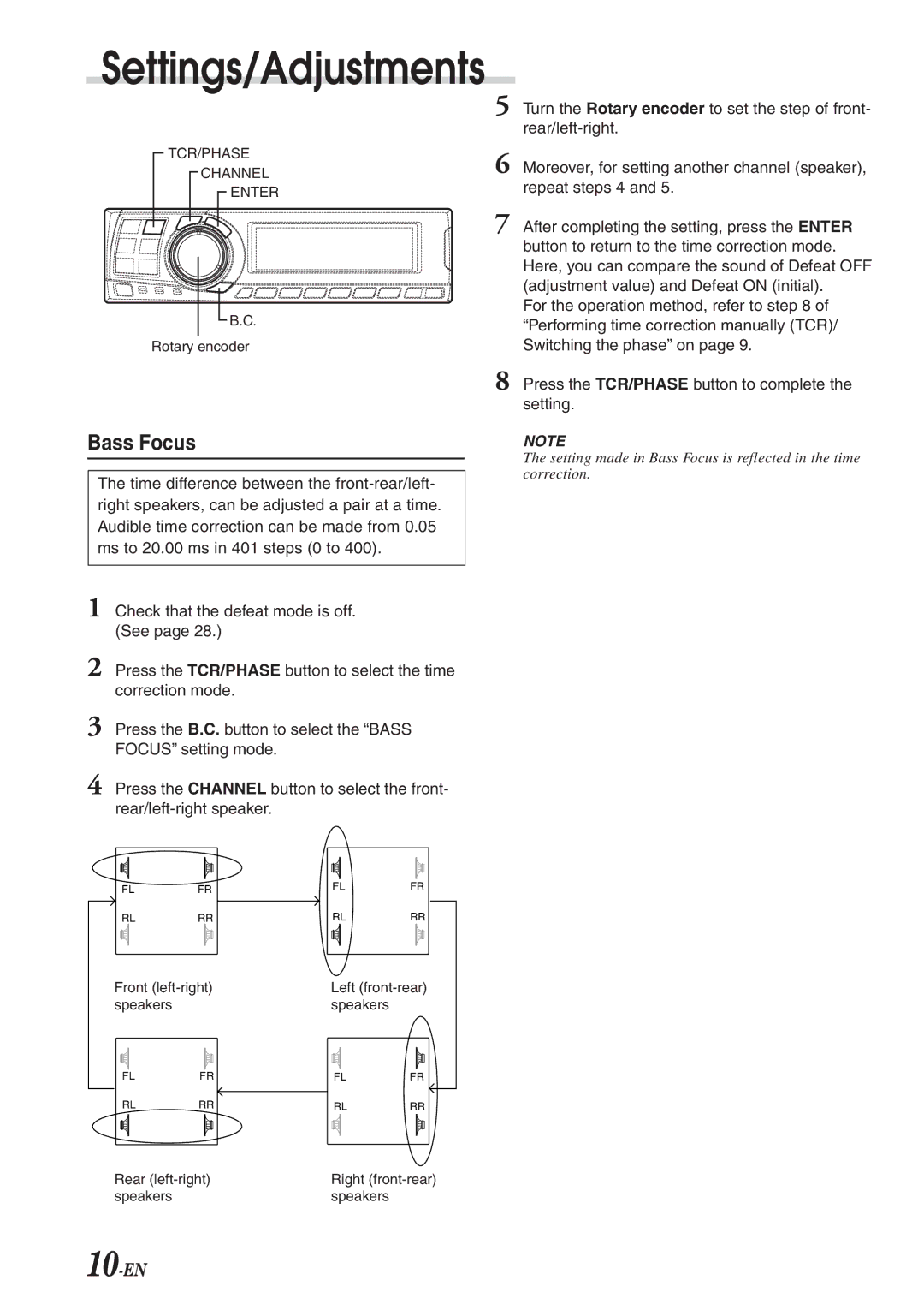 Alpine PXA-H701 owner manual Settings/Adjustments, Bass Focus 