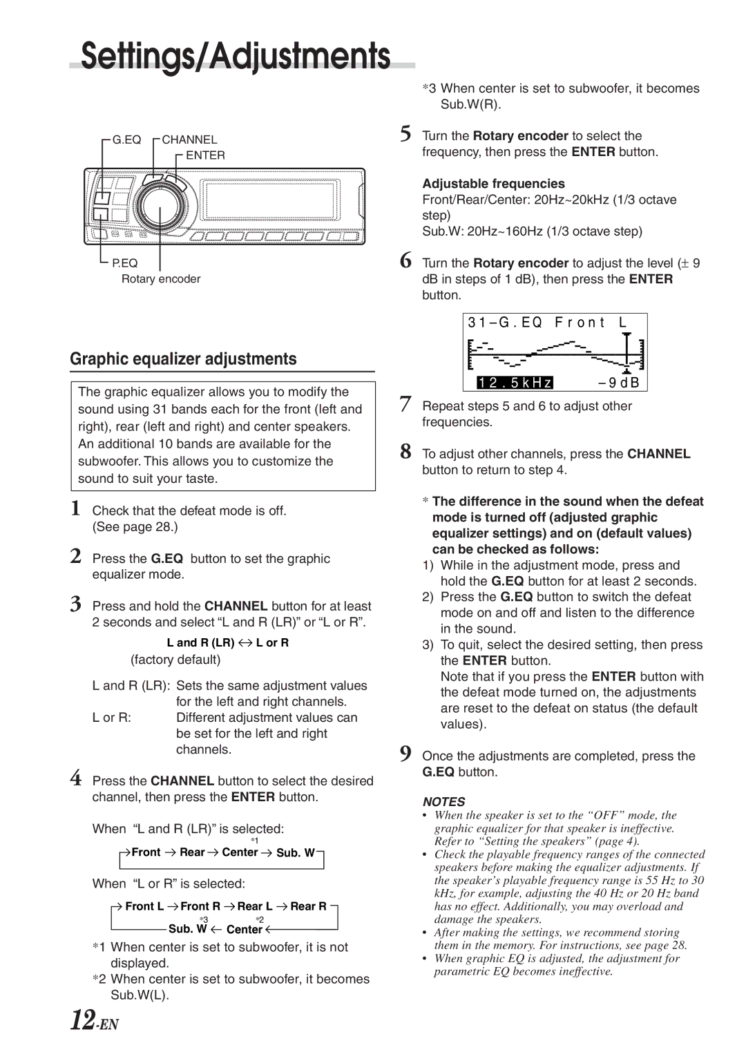 Alpine PXA-H701 owner manual Settings/Adjustments, Graphic equalizer adjustments, Adjustable frequencies 