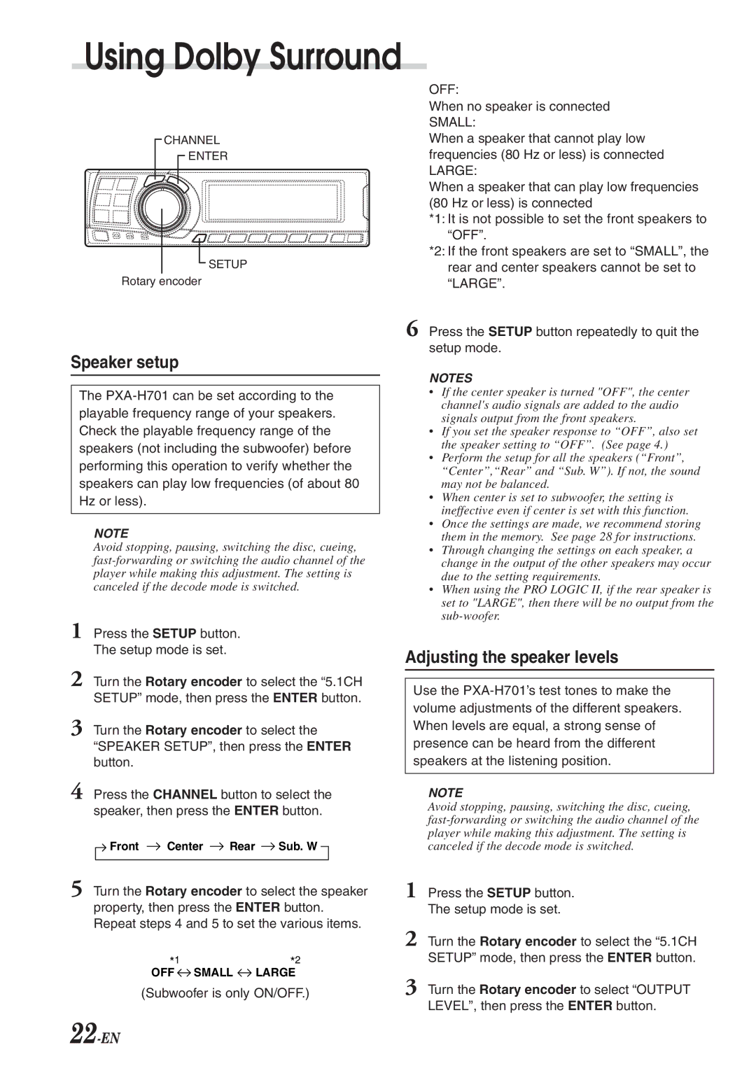 Alpine PXA-H701 owner manual Speaker setup, Adjusting the speaker levels 