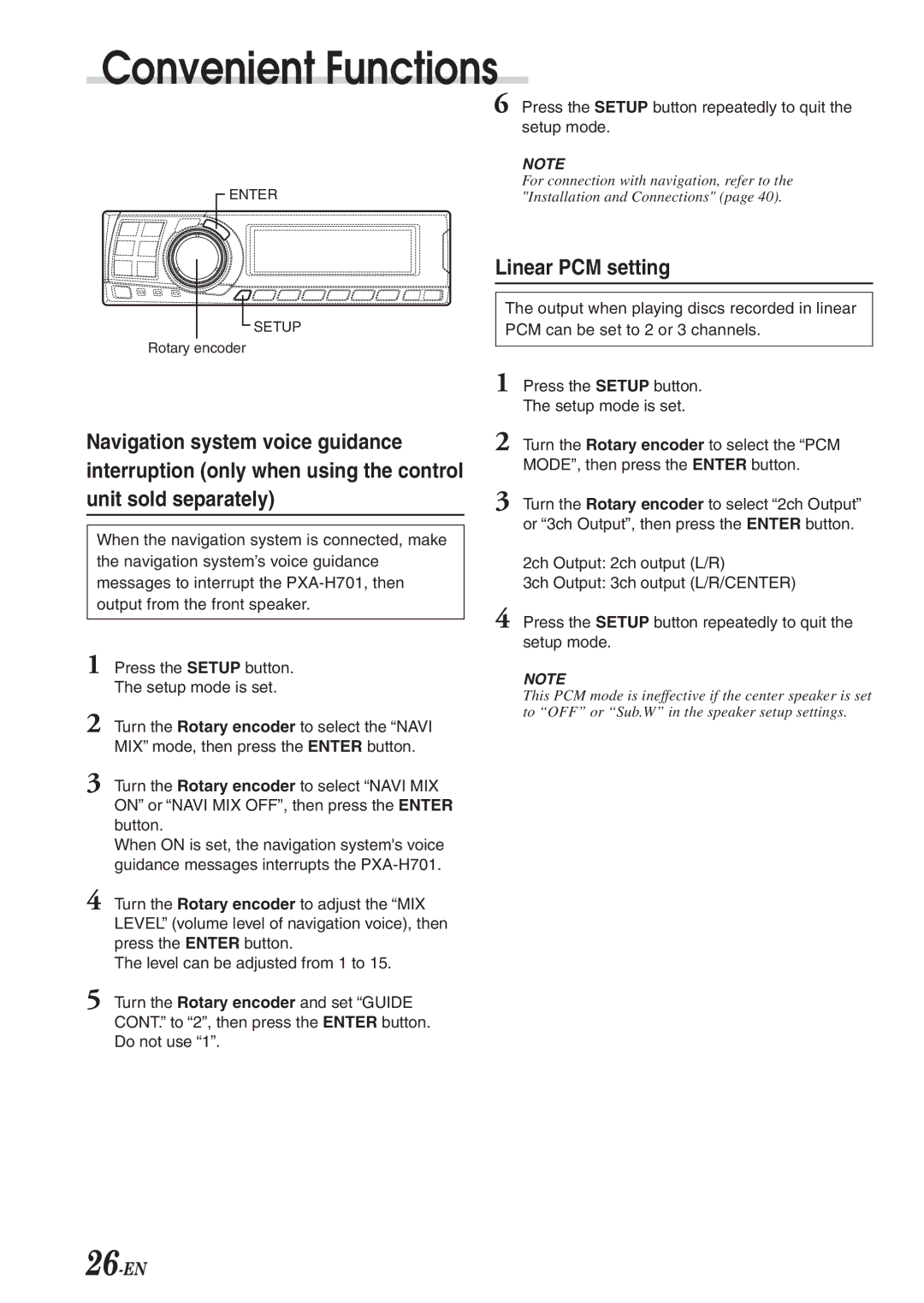 Alpine PXA-H701 owner manual Convenient Functions, Linear PCM setting 