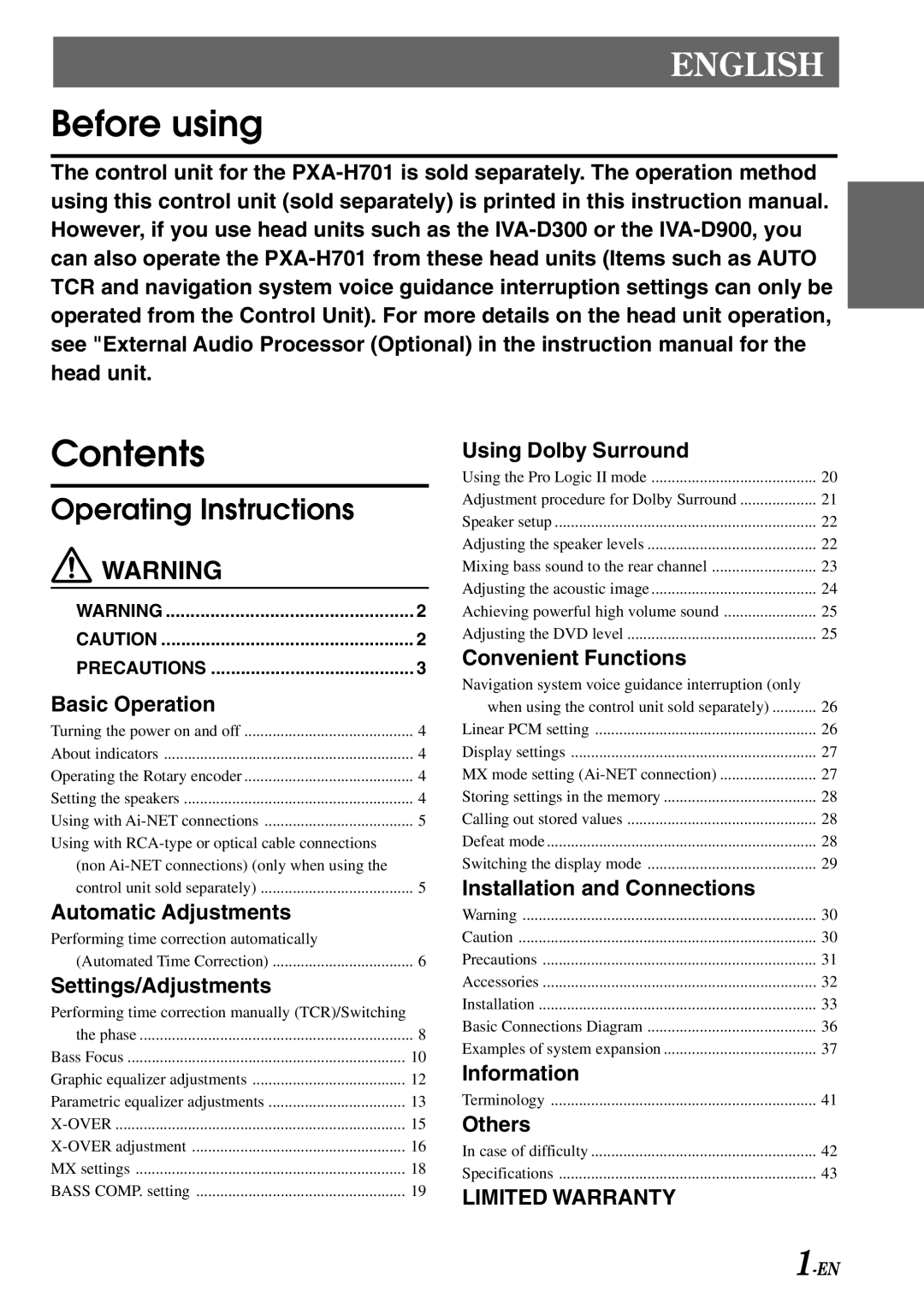 Alpine PXA-H701 owner manual Before using Contents 