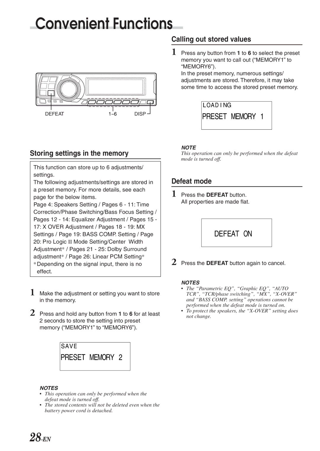 Alpine PXA-H701 owner manual Calling out stored values, Storing settings in the memory, Defeat mode 