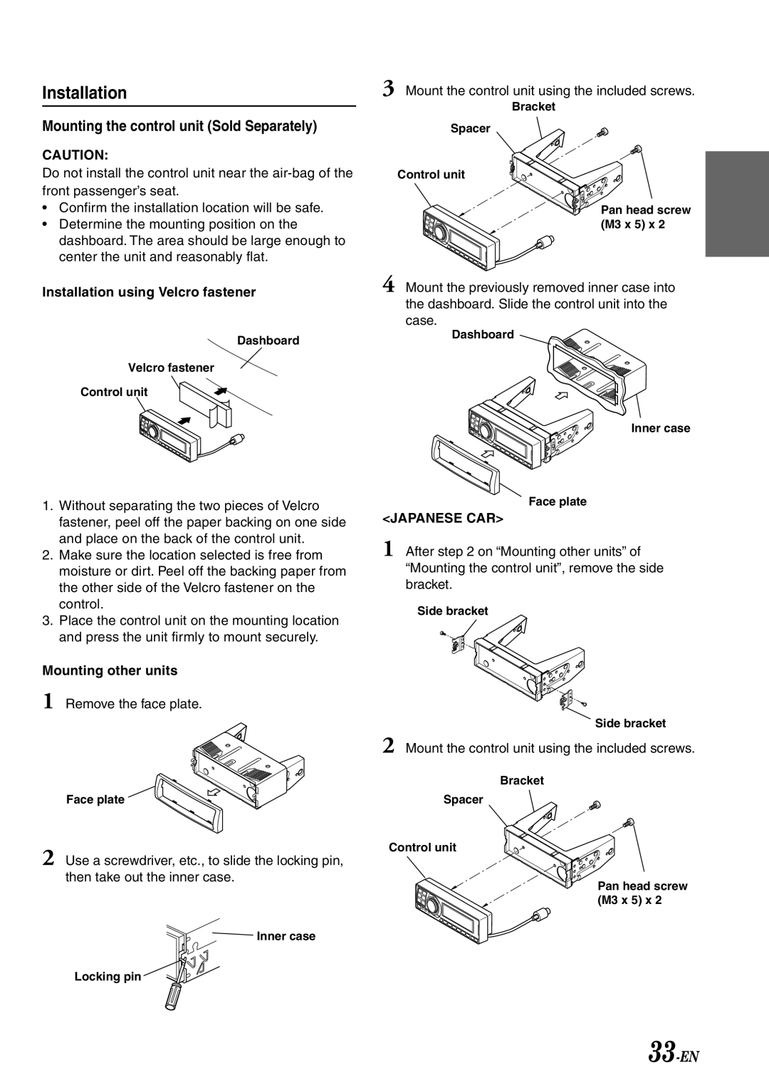 Alpine PXA-H701 Mounting the control unit Sold Separately, Installation using Velcro fastener, Mounting other units 