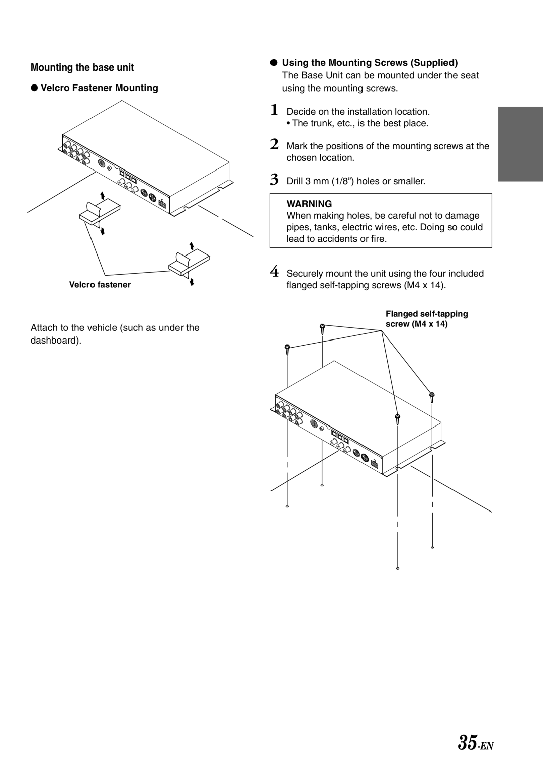 Alpine PXA-H701 owner manual Mounting the base unit, Velcro Fastener Mounting, Using the Mounting Screws Supplied 