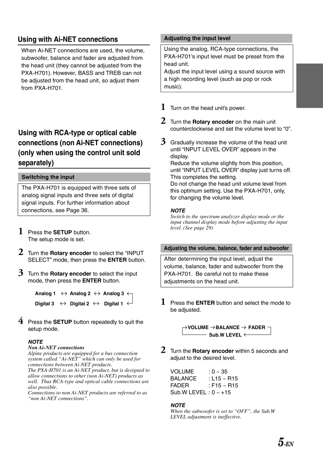 Alpine PXA-H701 owner manual Using with Ai-NET connections, Switching the input, Adjusting the input level 