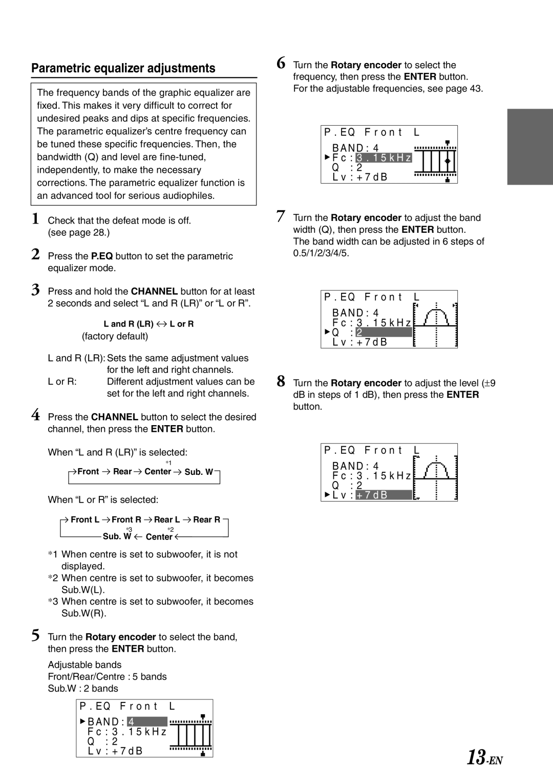 Alpine PXA-H701 owner manual Parametric equalizer adjustments, Q P F r o n t L N D 3 5 k H z + 7 d B 