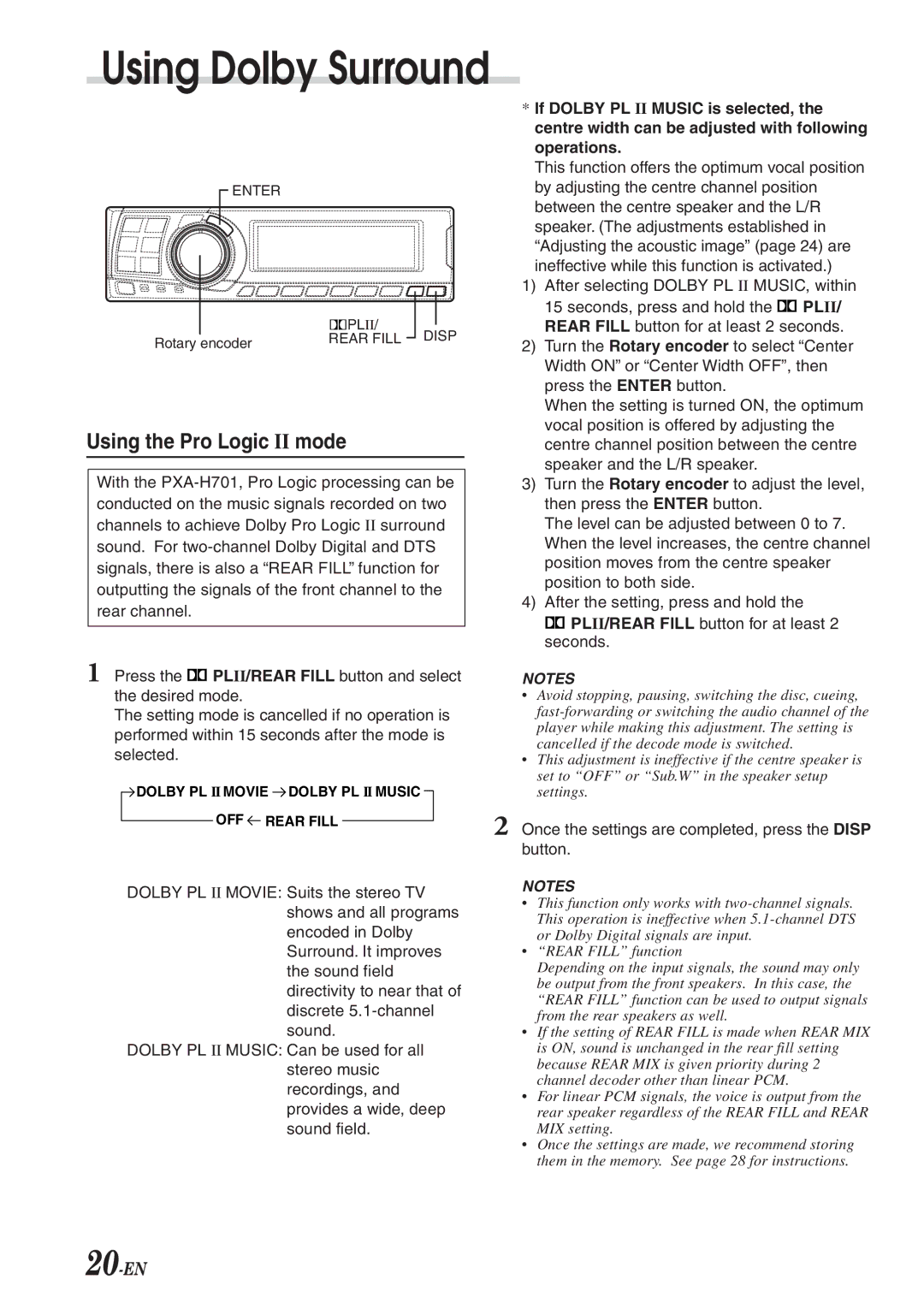 Alpine PXA-H701 owner manual Using Dolby Surround, Using the Pro Logic II mode 