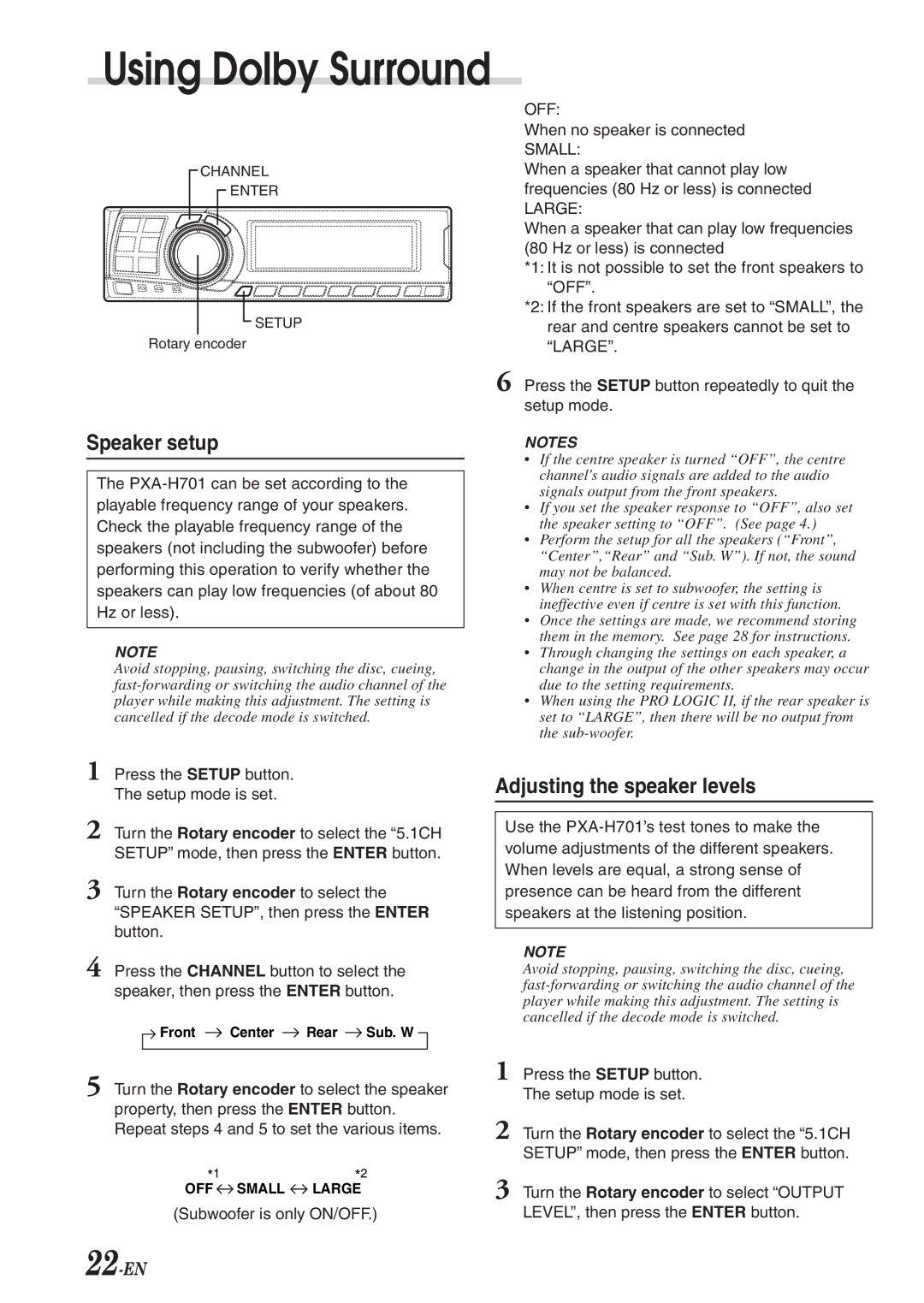 Alpine PXA-H701 owner manual Adjusting the speaker levels, 22-EN 