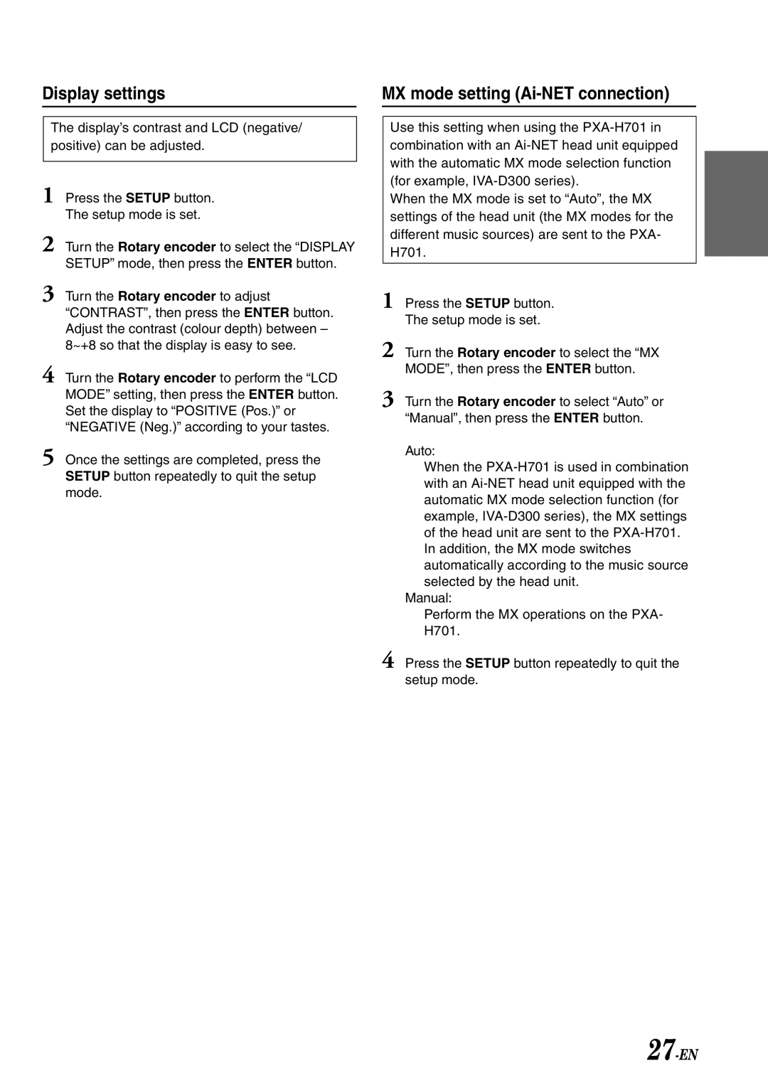 Alpine PXA-H701 owner manual Display settings, MX mode setting Ai-NET connection 