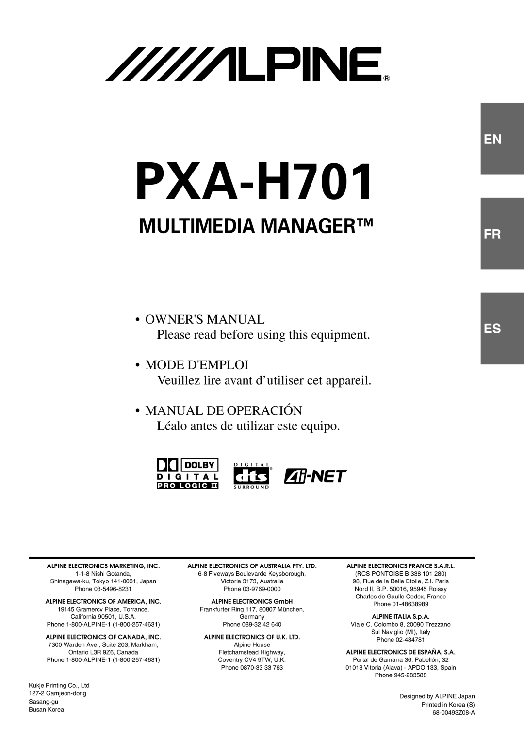 Alpine PXA-H701 owner manual Multimedia Manager, OWNERS MANUAL Please read before using this equipment MODE DEMPLOI 