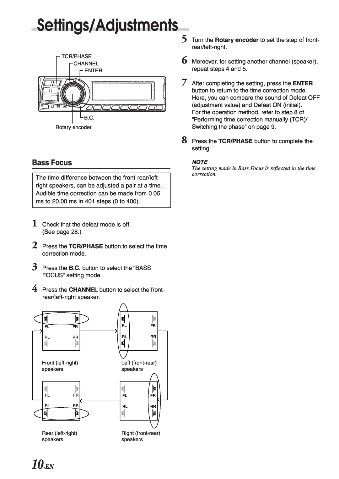 Alpine PXA-H701 owner manual Settings/Adjustments, Bass Focus, 10-EN 