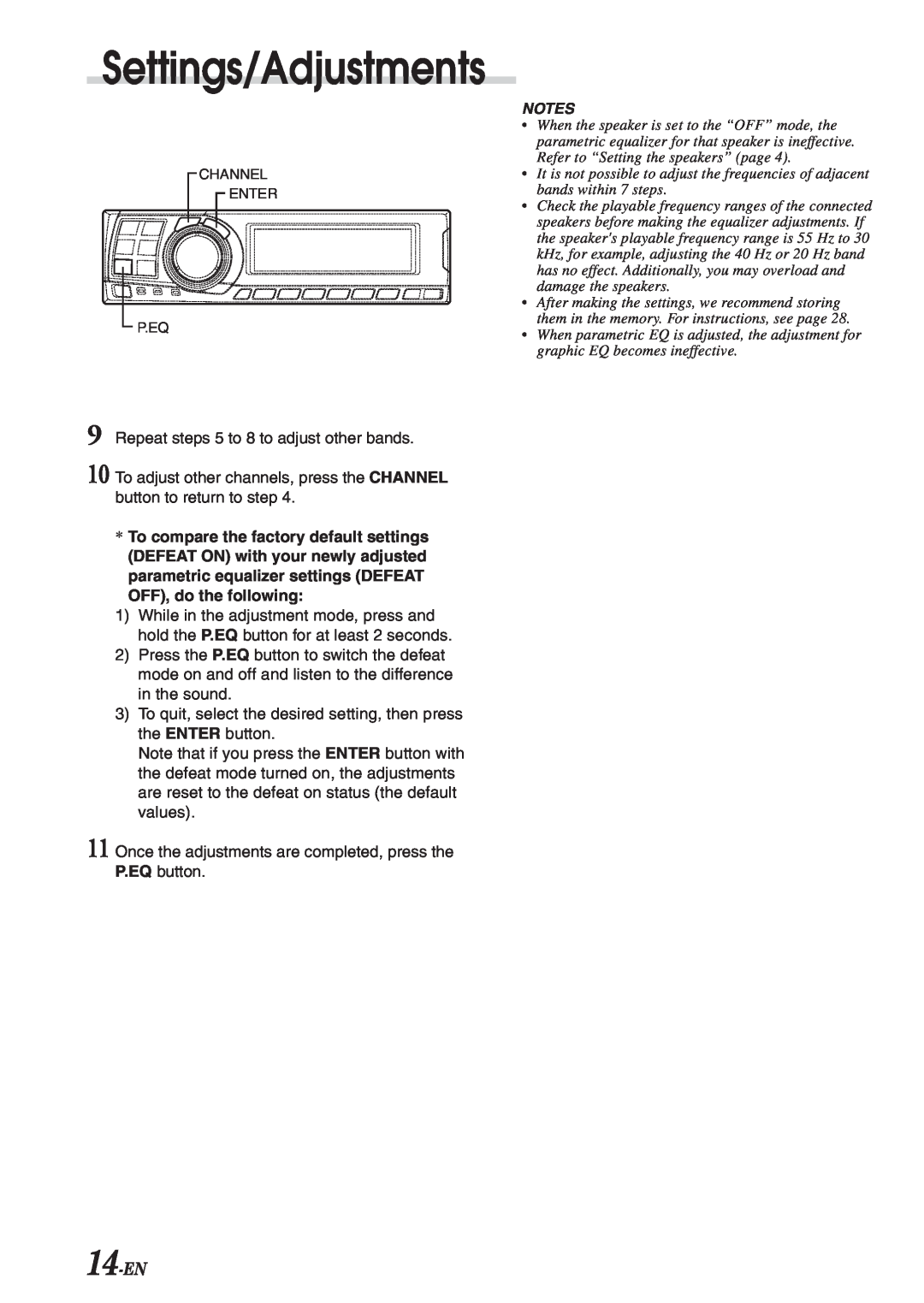 Alpine PXA-H701 owner manual 14-EN, Settings/Adjustments, Channel Enter P.Eq 