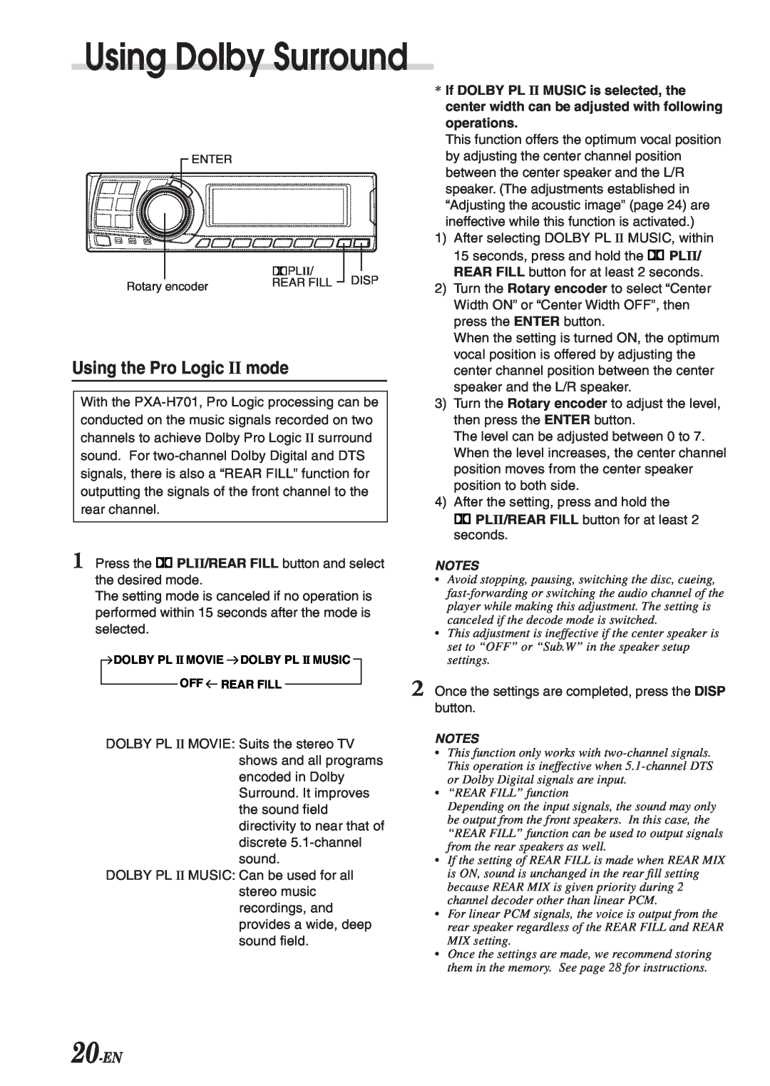 Alpine PXA-H701 owner manual Using Dolby Surround, Using the Pro Logic II mode, 20-EN 