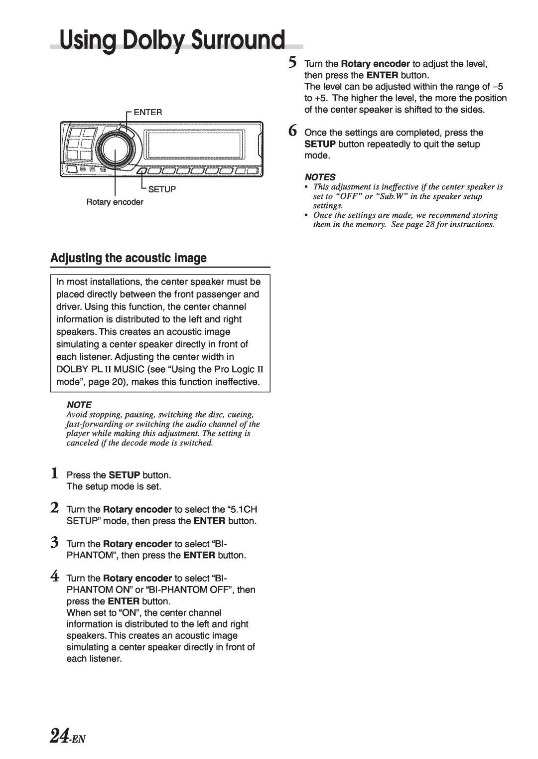 Alpine PXA-H701 owner manual Using Dolby Surround, Adjusting the acoustic image, 24-EN 