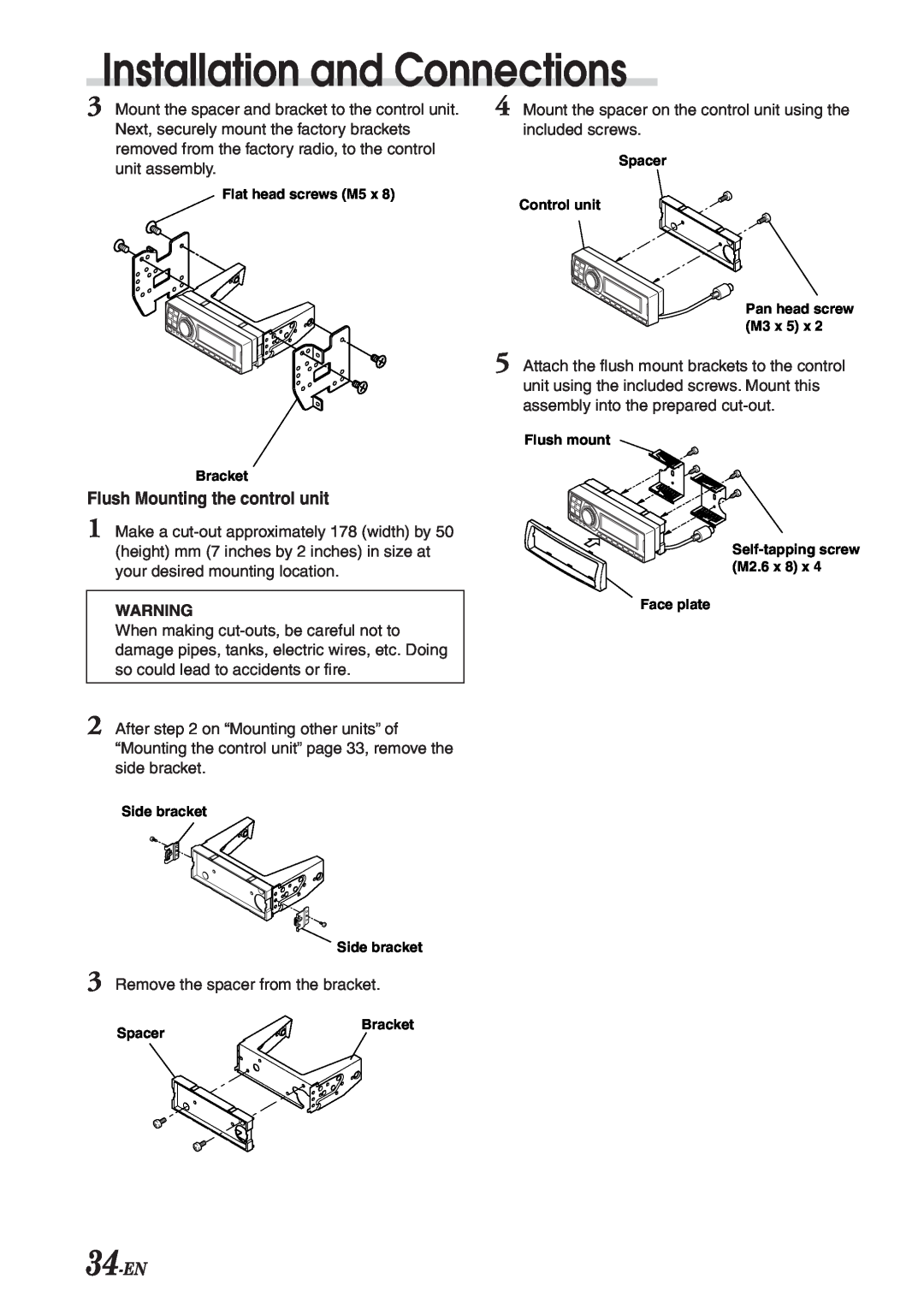 Alpine PXA-H701 owner manual 34-EN, Installation and Connections, Flush Mounting the control unit 