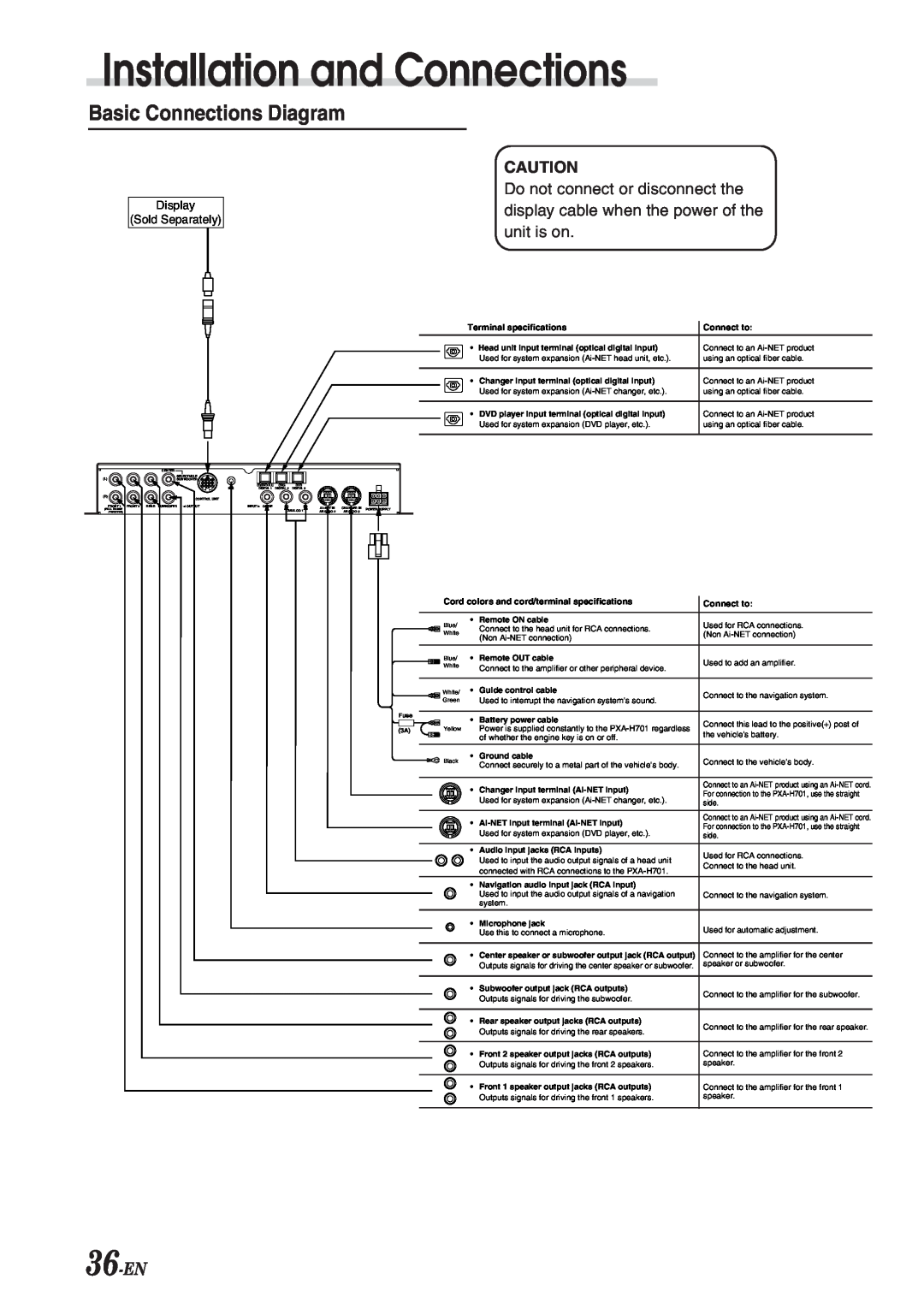 Alpine PXA-H701 owner manual Basic Connections Diagram, 36-EN, Installation and Connections 
