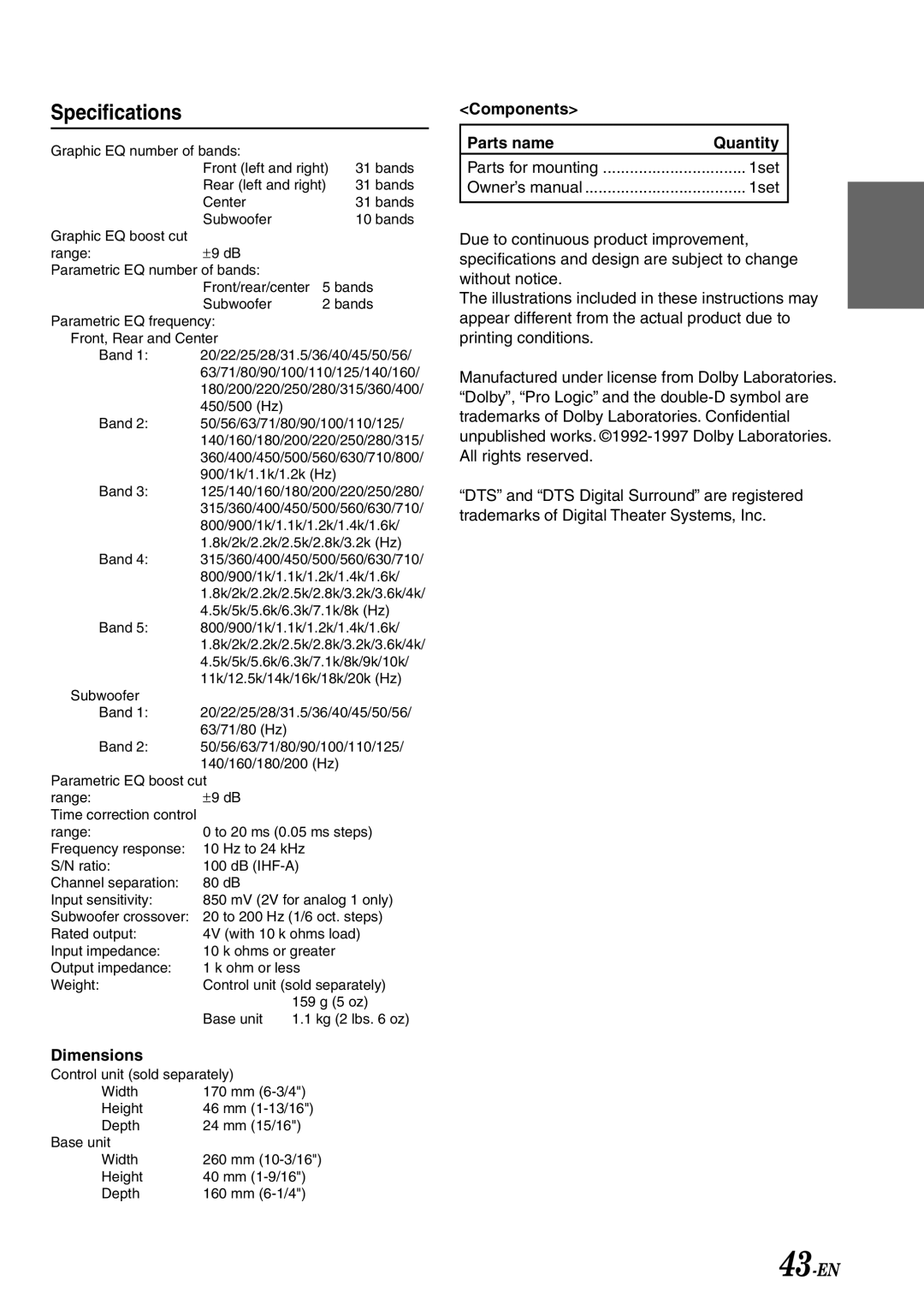 Alpine PXA-H701 owner manual Specifications, 43-EN, Dimensions, Components, Parts name, Quantity, 1set 