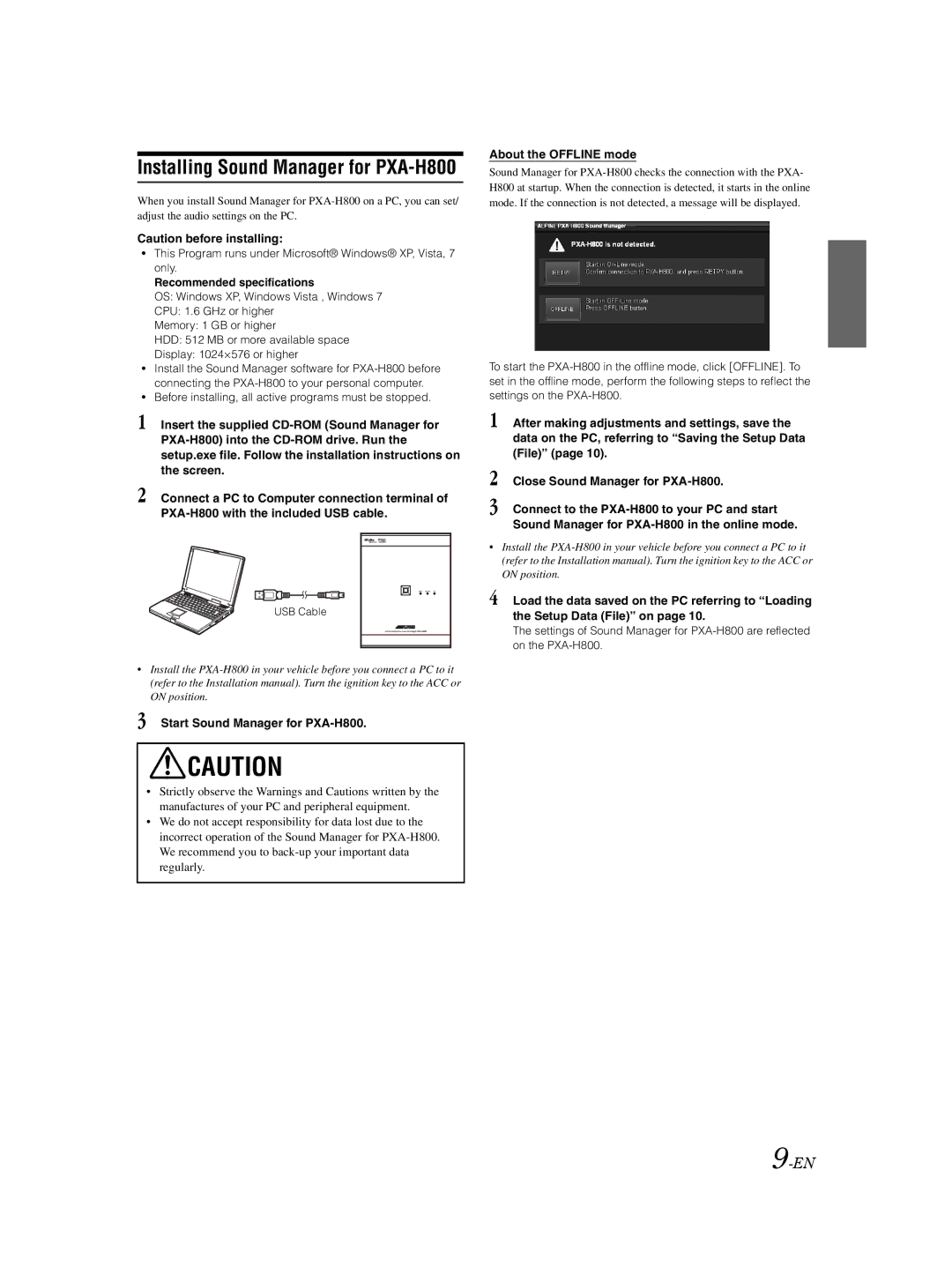 Alpine owner manual Installing Sound Manager for PXA-H800, Start Sound Manager for PXA-H800, About the Offline mode 