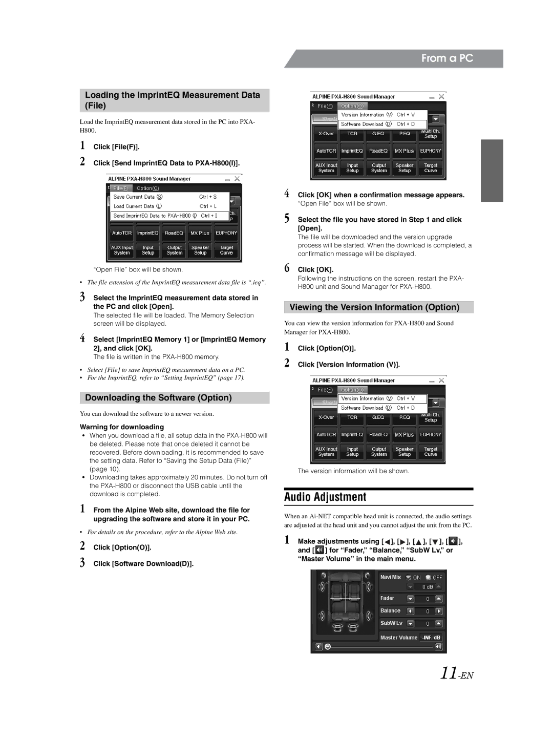 Alpine PXA-H800 Audio Adjustment, Loading the ImprintEQ Measurement Data File, Downloading the Software Option, 11-EN 