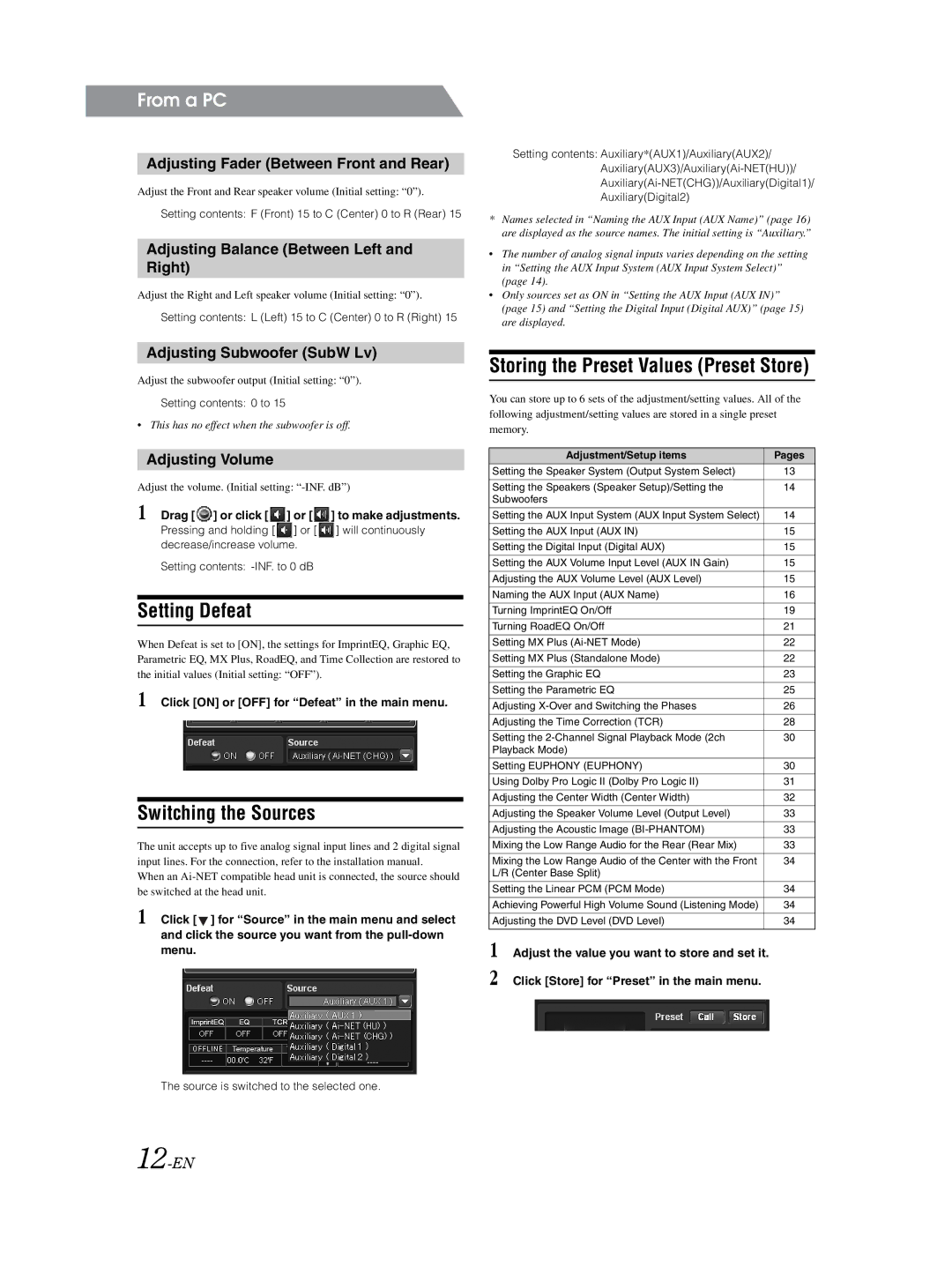 Alpine PXA-H800 owner manual Setting Defeat, Switching the Sources, Storing the Preset Values Preset Store 