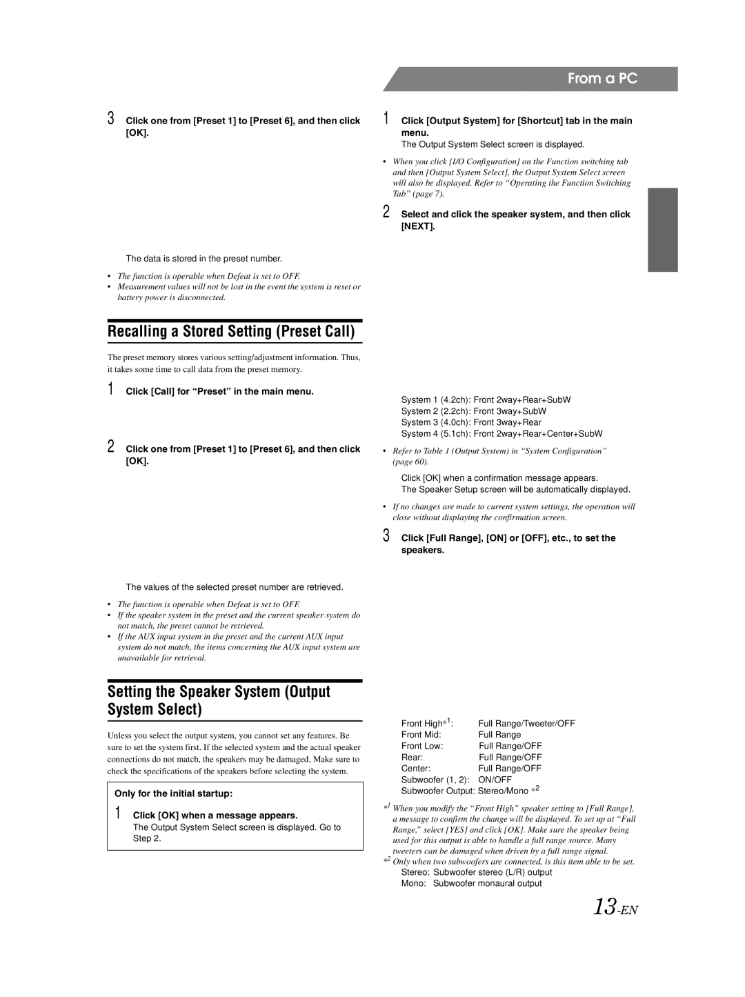 Alpine PXA-H800 owner manual Recalling a Stored Setting Preset Call, Setting the Speaker System Output System Select, 13-EN 