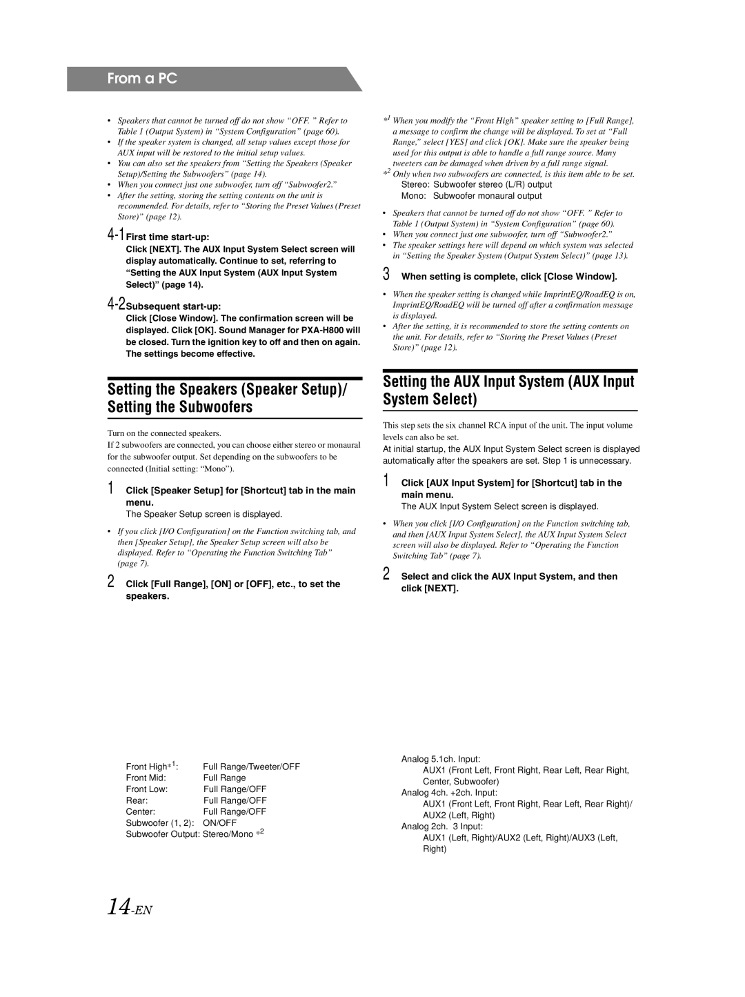 Alpine PXA-H800 owner manual Setting the Speakers Speaker Setup/ Setting the Subwoofers, 14-EN 