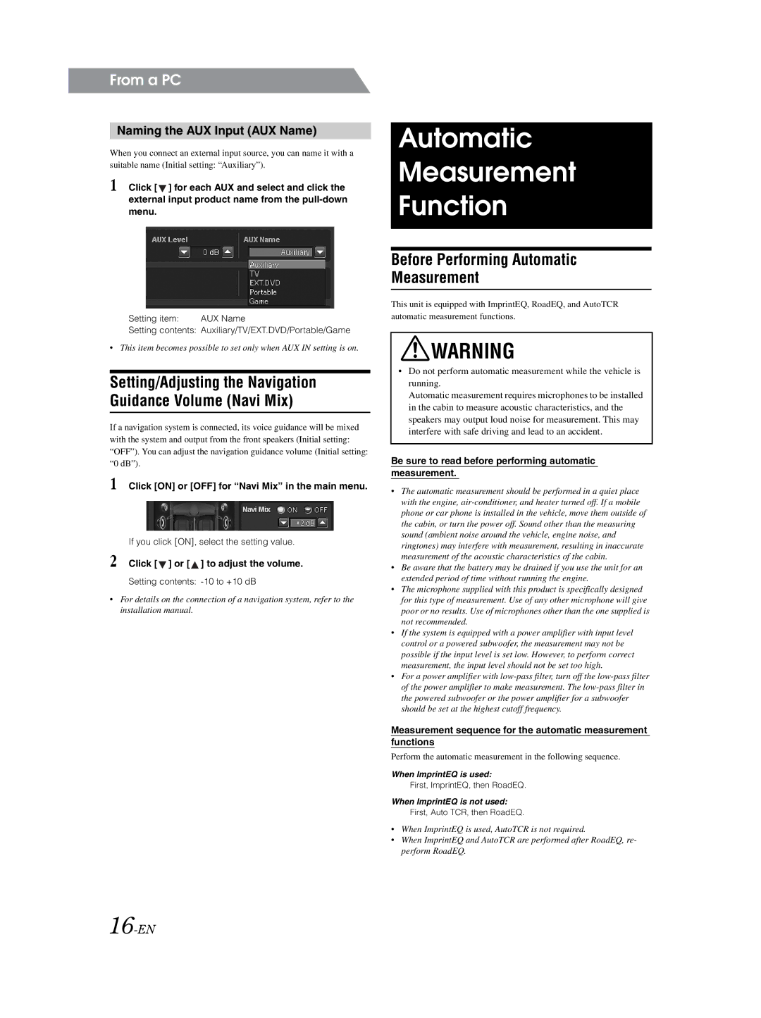 Alpine PXA-H800 owner manual Before Performing Automatic Measurement, Naming the AUX Input AUX Name, 16-EN 