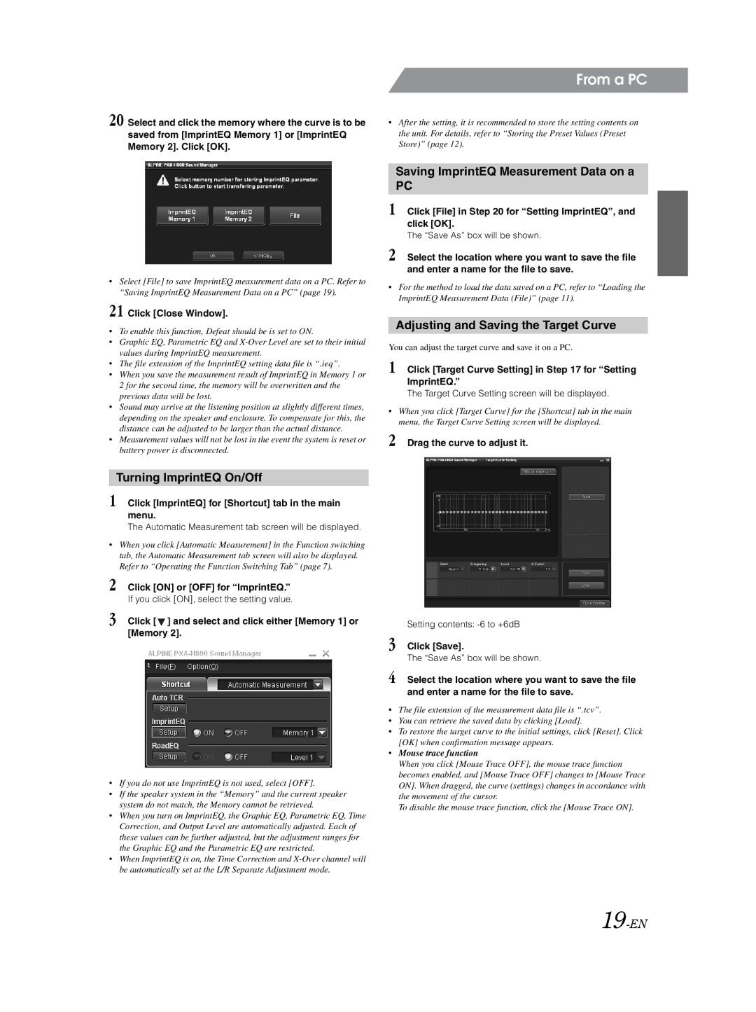 Alpine PXA-H800 Turning ImprintEQ On/Off, Saving ImprintEQ Measurement Data on a, Adjusting and Saving the Target Curve 