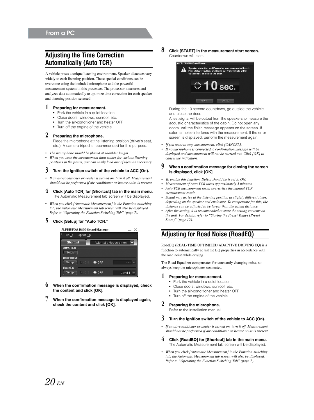 Alpine PXA-H800 owner manual Adjusting the Time Correction Automatically Auto TCR, Adjusting for Road Noise RoadEQ, 20-EN 