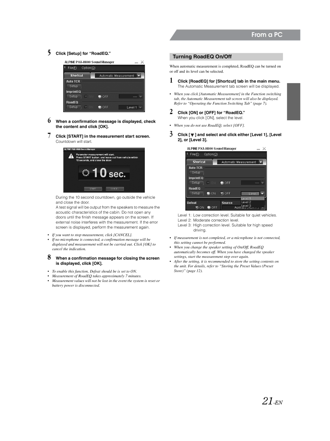 Alpine PXA-H800 owner manual Turning RoadEQ On/Off, 21-EN, Click on or OFF for RoadEQ, When you click ON, select the level 