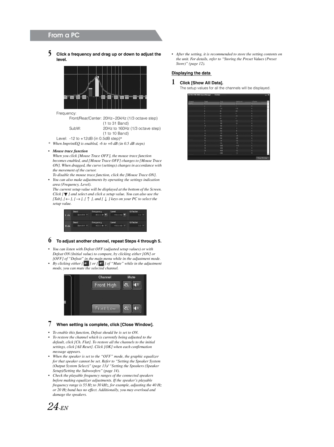 Alpine PXA-H800 24-EN, Click a frequency and drag up or down to adjust the level, Displaying the data Click Show All Data 