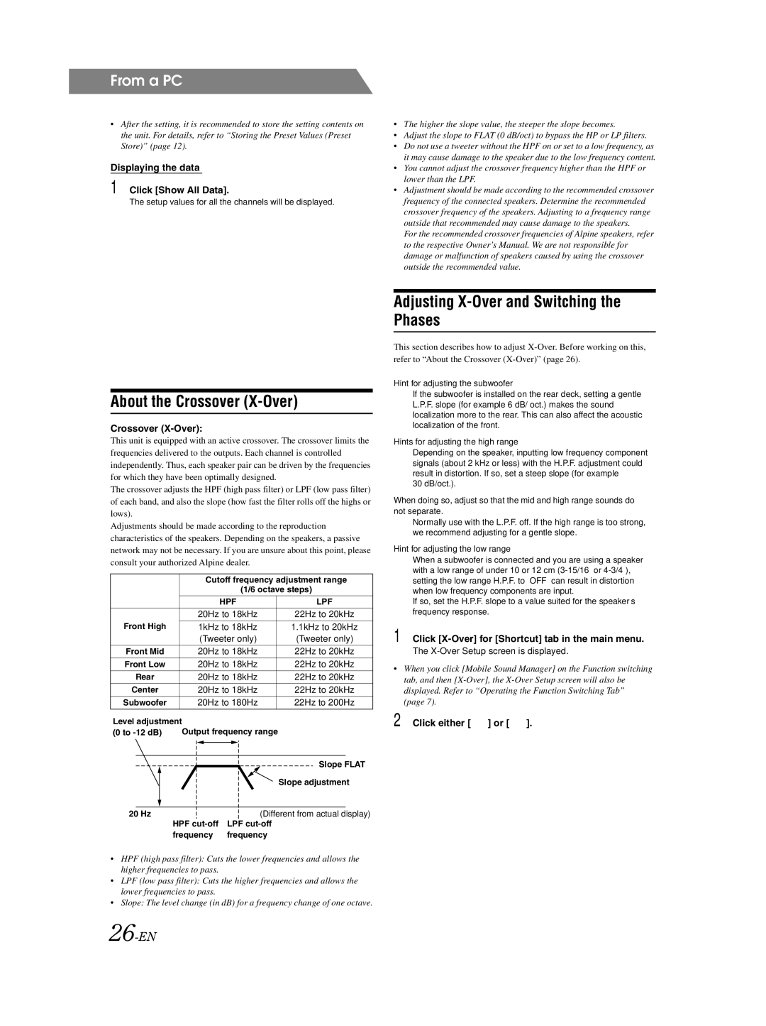 Alpine PXA-H800 owner manual About the Crossover X-Over, Adjusting X-Over and Switching the Phases, 26-EN 