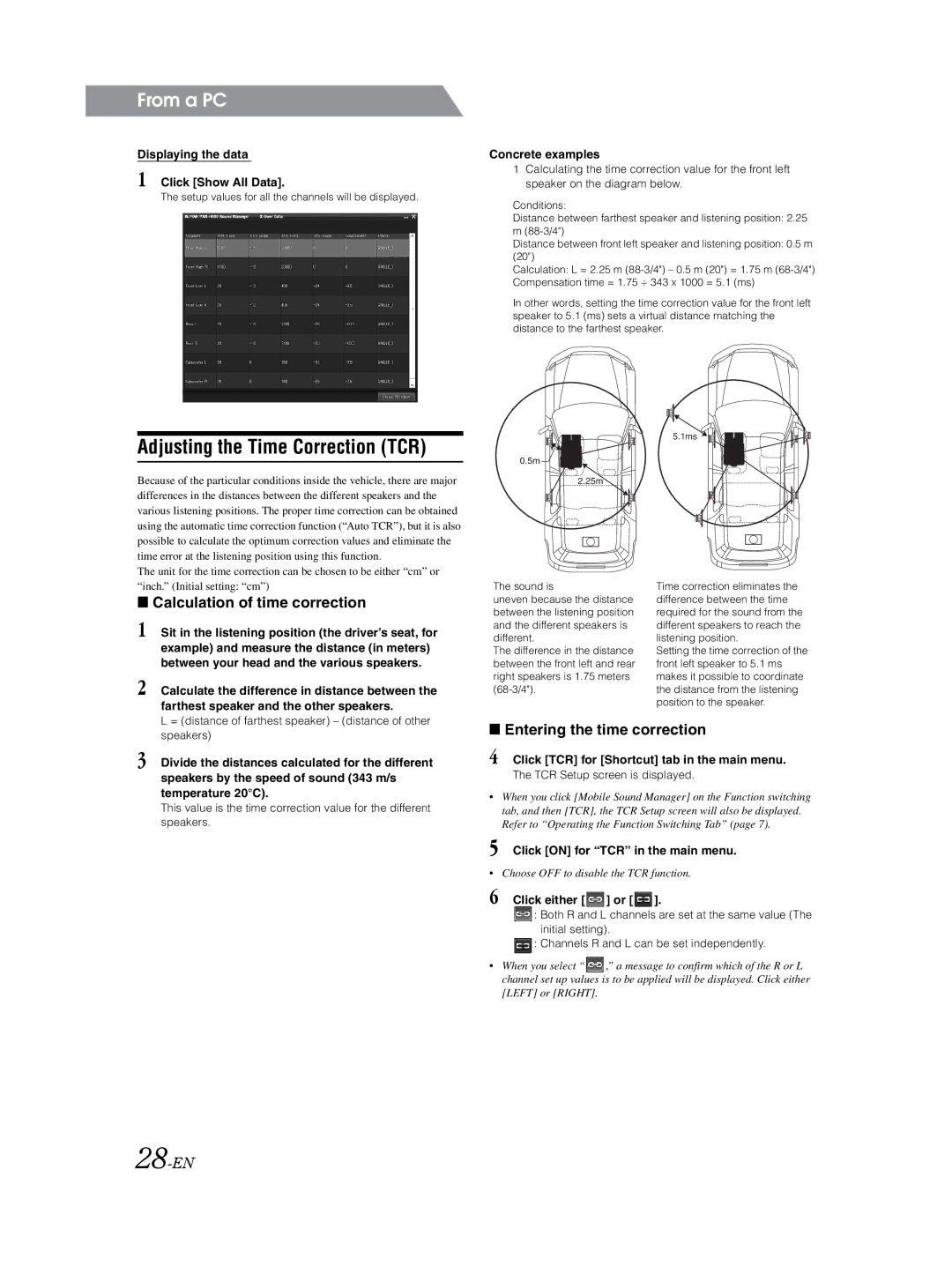 Alpine PXA-H800 Adjusting the Time Correction TCR, Calculation of time correction, Entering the time correction, 28-EN 