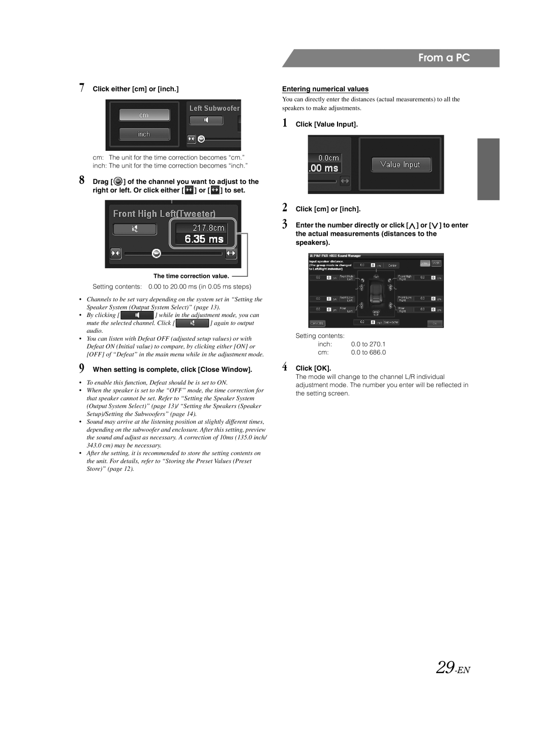 Alpine PXA-H800 owner manual 29-EN, Click either cm or inch, Entering numerical values, Setting contents Inch 