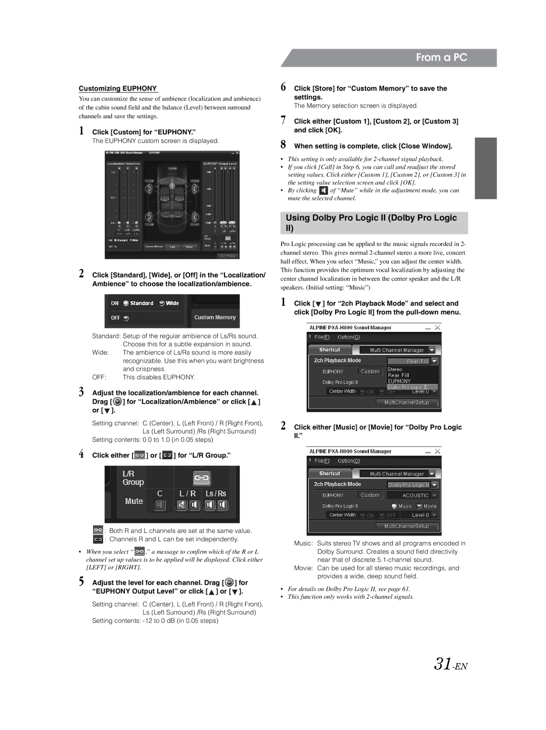 Alpine PXA-H800 owner manual Using Dolby Pro Logic II Dolby Pro Logic, 31-EN 