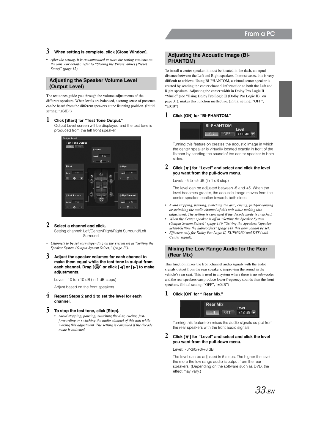 Alpine PXA-H800 owner manual Adjusting the Speaker Volume Level Output Level, Adjusting the Acoustic Image BI, 33-EN 