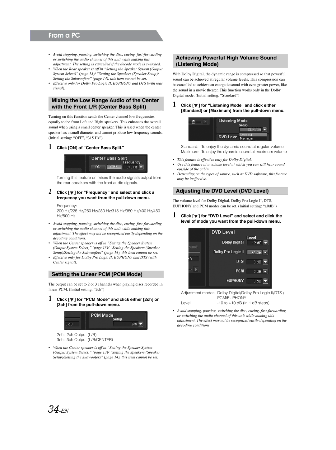 Alpine PXA-H800 owner manual Setting the Linear PCM PCM Mode, Achieving Powerful High Volume Sound Listening Mode, 34-EN 