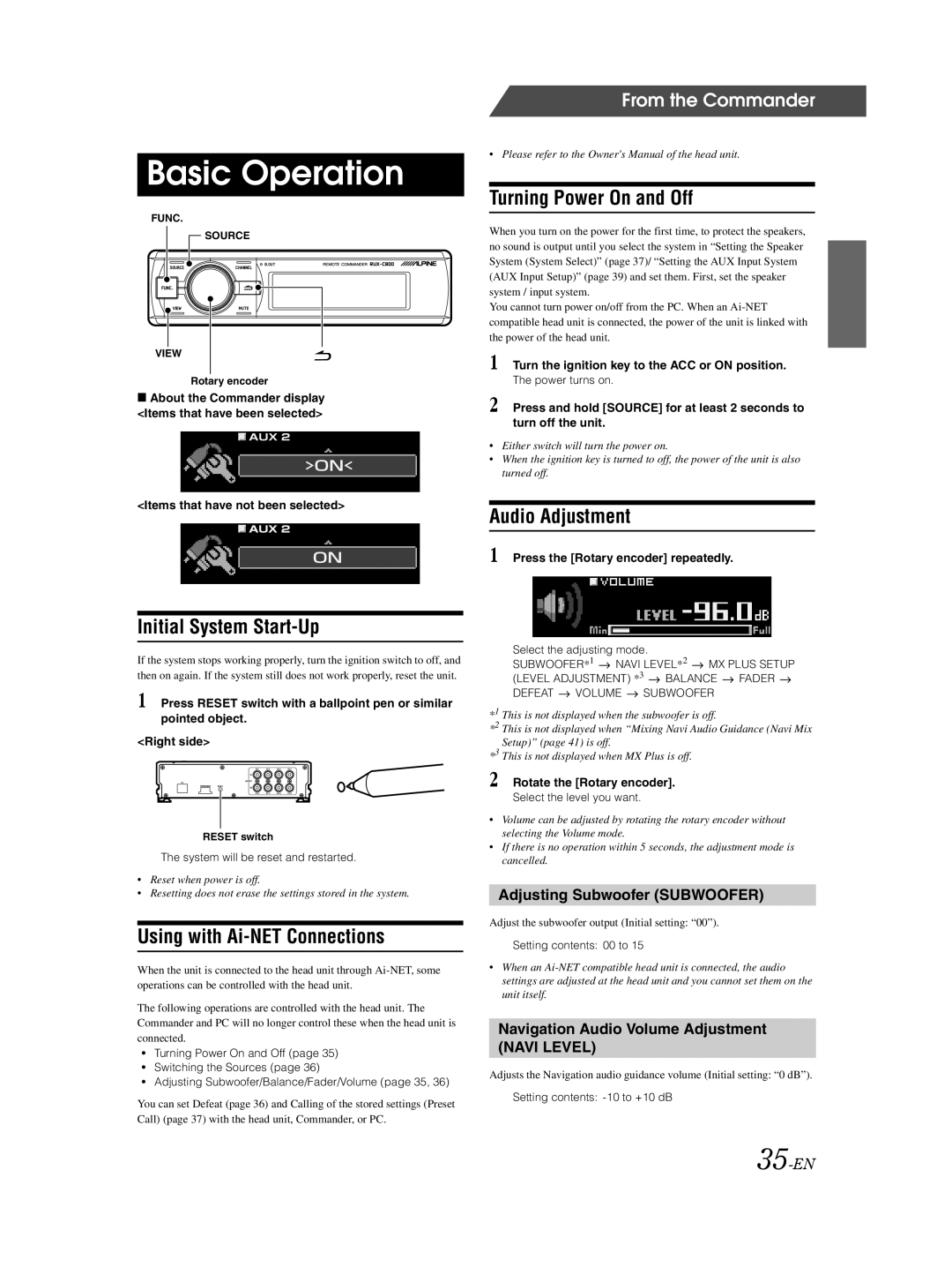 Alpine PXA-H800 owner manual Adjusting Subwoofer Subwoofer, Navigation Audio Volume Adjustment, 35-EN 